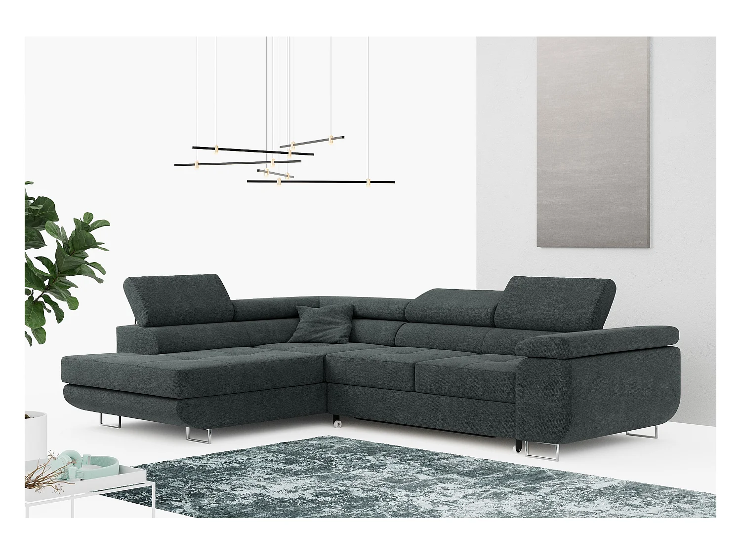 Ecksofa GUSTAW - mit Schlaffunktion, verstellbare Kopfstützen, Metallbeine - Dunkelgrau Stukture - Ecke Links