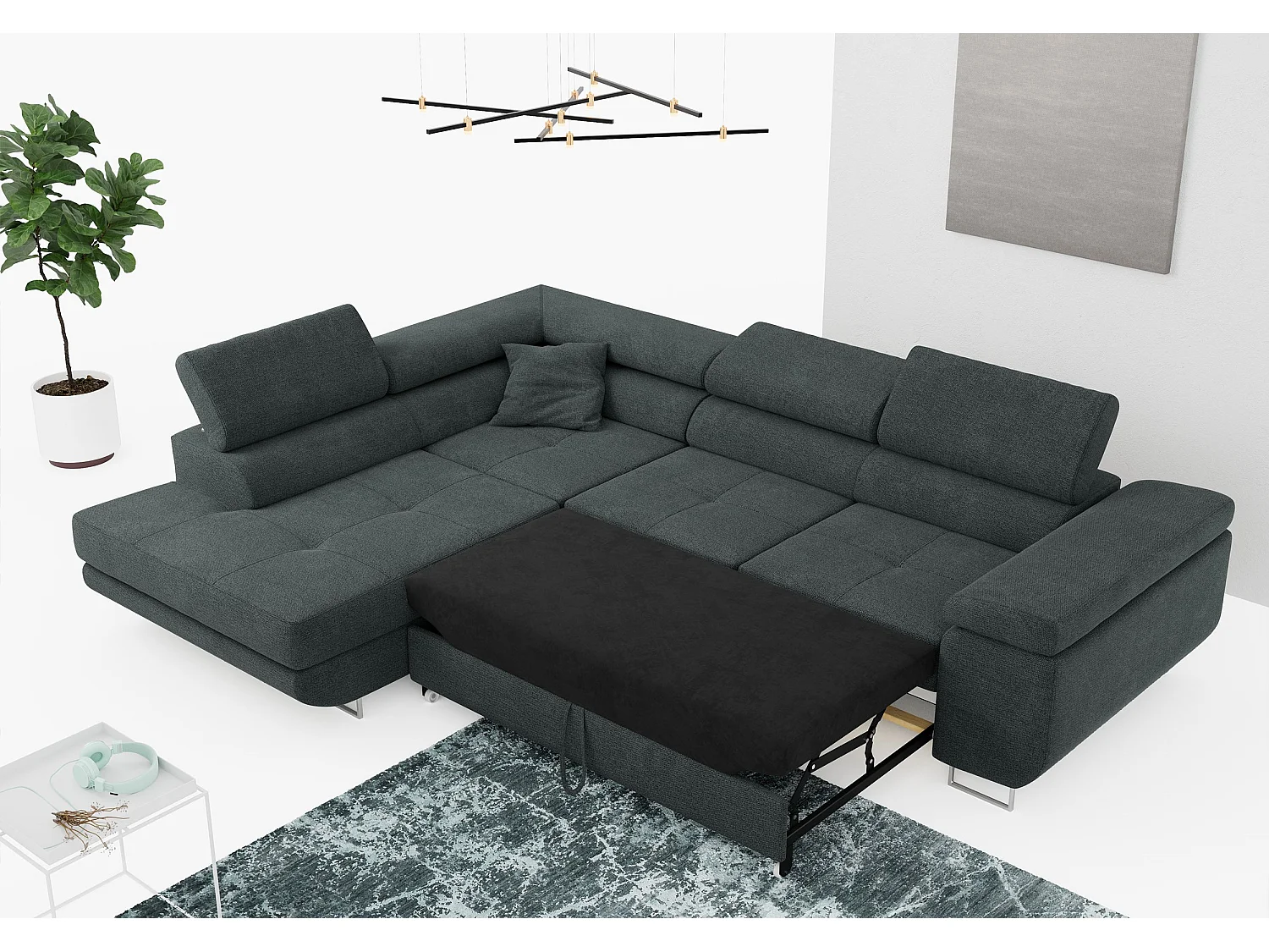 Ecksofa GUSTAW - mit Schlaffunktion, verstellbare Kopfstützen, Metallbeine - Dunkelgrau Stukture - Ecke Links