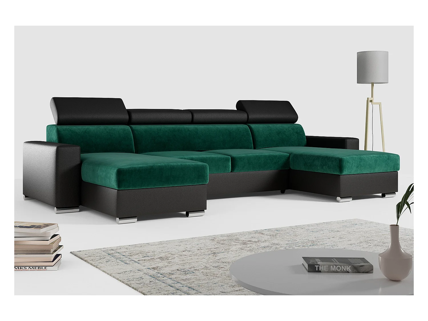 Ecksofa FOX U - verstellbare Kopfstützen, zwei Bettkästen, L-förmige Ecke mit Schlaffunktion, Armlehnen - Dunkelgrün, Schwarz - Velvet, Kunstleder