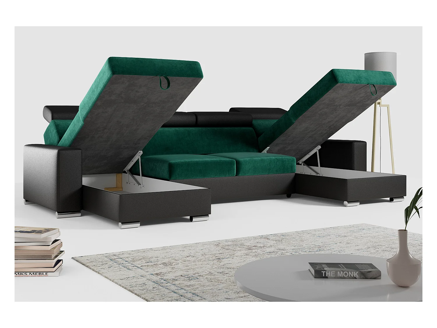 Ecksofa FOX U - verstellbare Kopfstützen, zwei Bettkästen, L-förmige Ecke mit Schlaffunktion, Armlehnen - Dunkelgrün, Schwarz - Velvet, Kunstleder