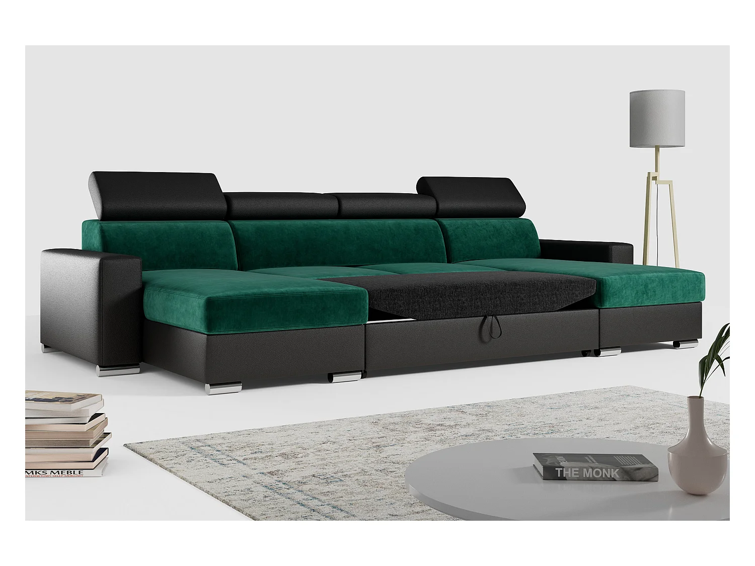 Ecksofa FOX U - verstellbare Kopfstützen, zwei Bettkästen, L-förmige Ecke mit Schlaffunktion, Armlehnen - Dunkelgrün, Schwarz - Velvet, Kunstleder