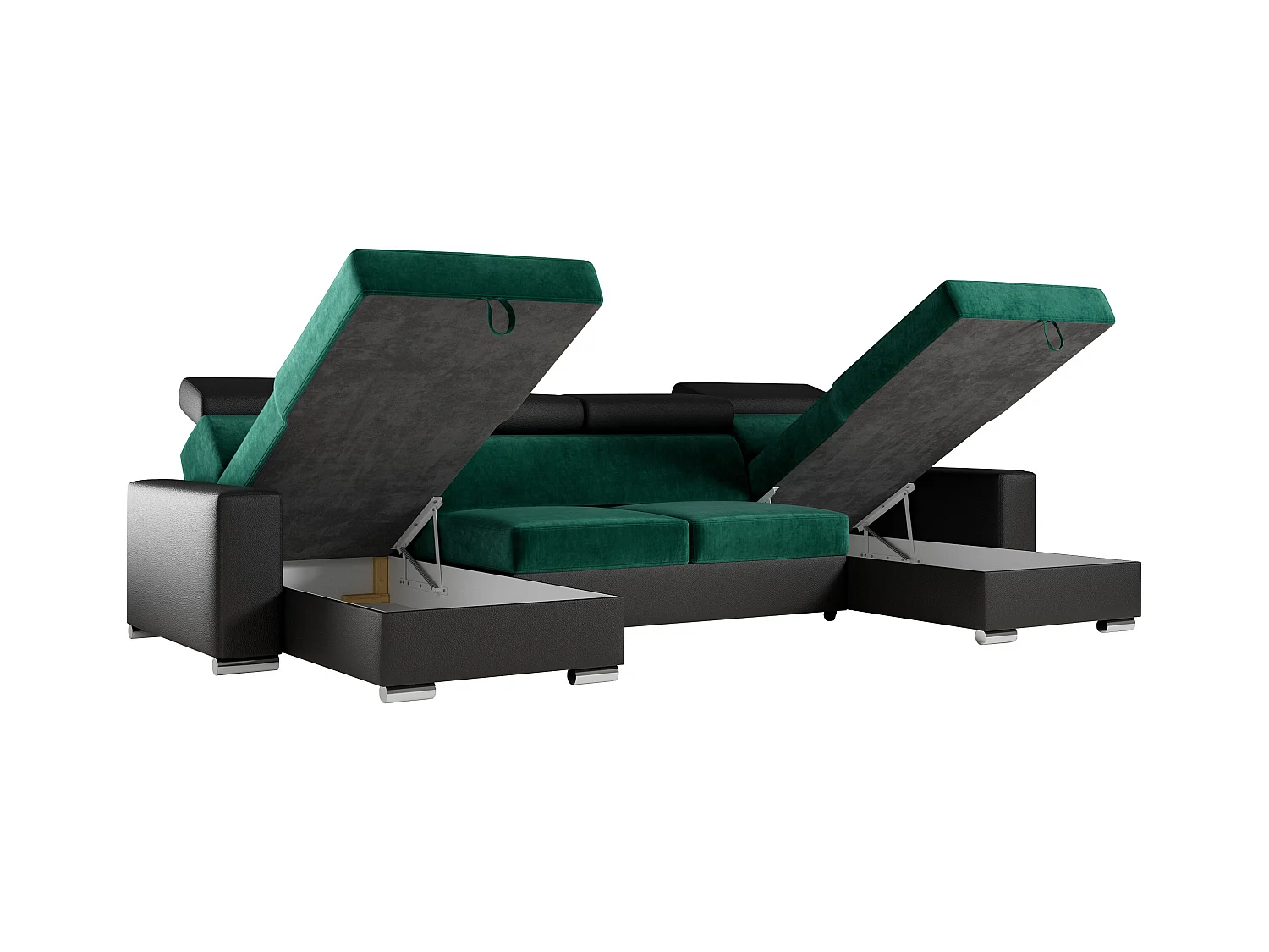 Ecksofa FOX U - verstellbare Kopfstützen, zwei Bettkästen, L-förmige Ecke mit Schlaffunktion, Armlehnen - Dunkelgrün, Schwarz - Velvet, Kunstleder