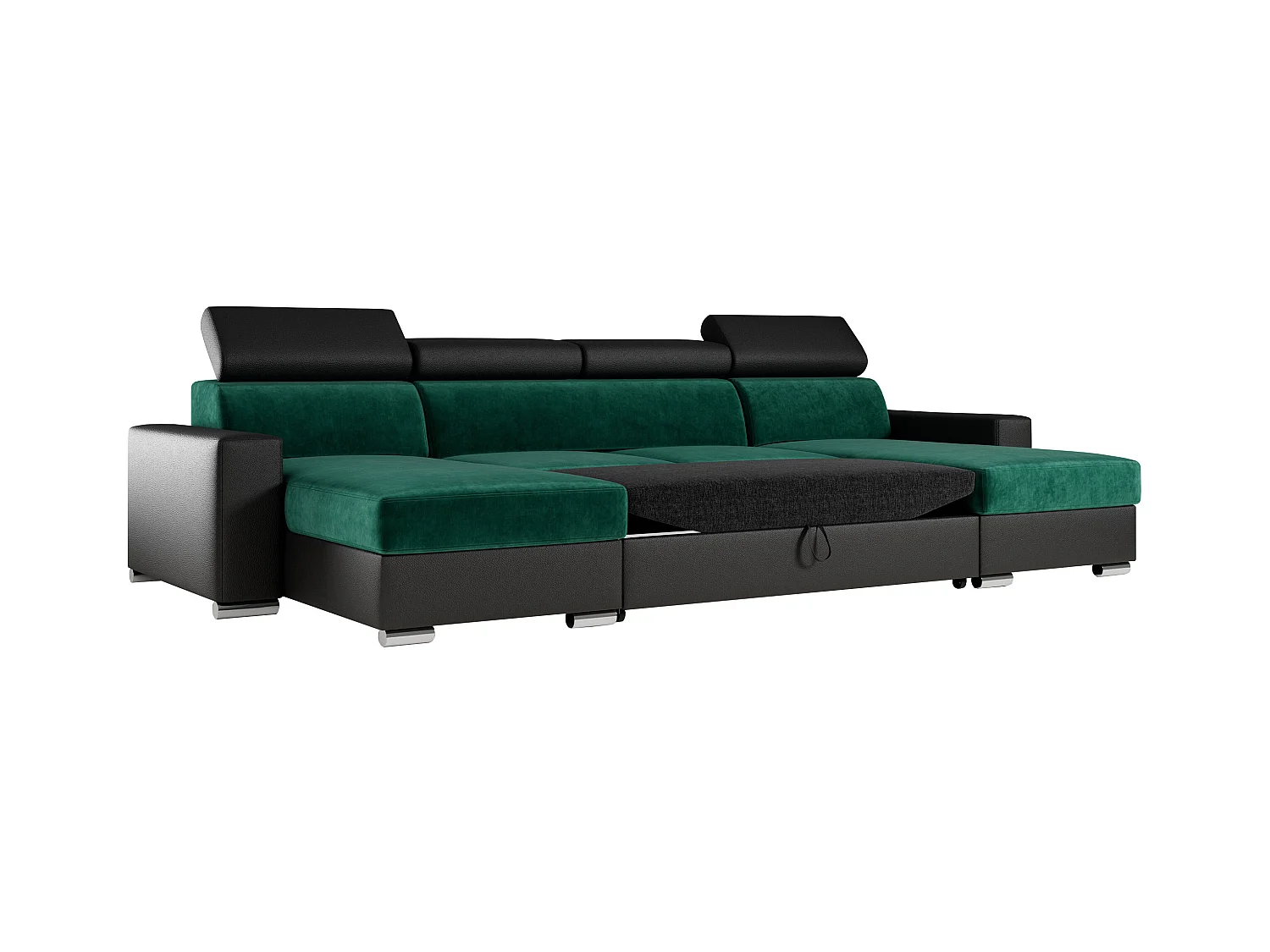 Ecksofa FOX U - verstellbare Kopfstützen, zwei Bettkästen, L-förmige Ecke mit Schlaffunktion, Armlehnen - Dunkelgrün, Schwarz - Velvet, Kunstleder