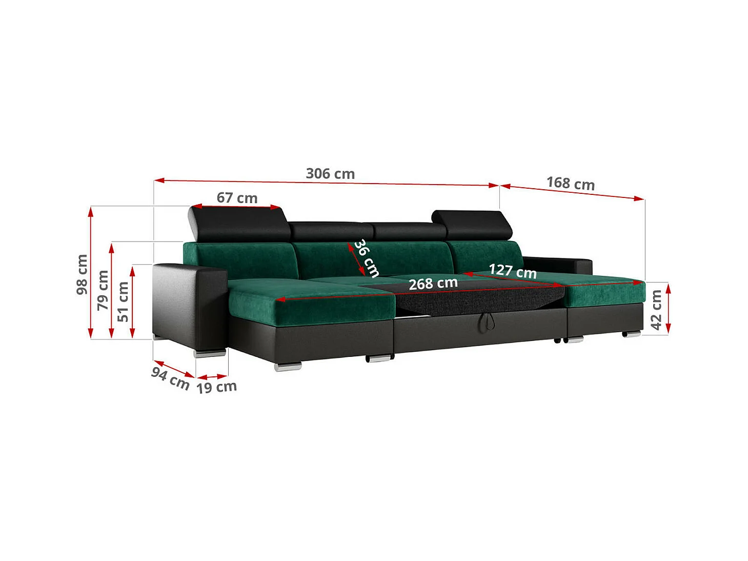 Ecksofa FOX U - verstellbare Kopfstützen, zwei Bettkästen, L-förmige Ecke mit Schlaffunktion, Armlehnen - Dunkelgrün, Schwarz - Velvet, Kunstleder