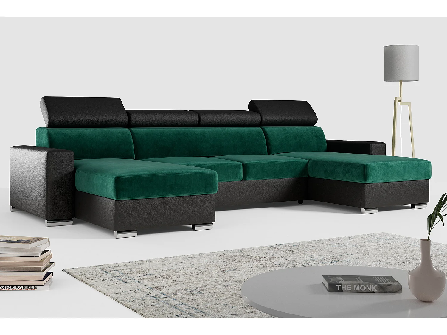 Ecksofa FOX U - verstellbare Kopfstützen, zwei Bettkästen, L-förmige Ecke mit Schlaffunktion, Armlehnen - Dunkelgrün, Schwarz - Velvet, Kunstleder