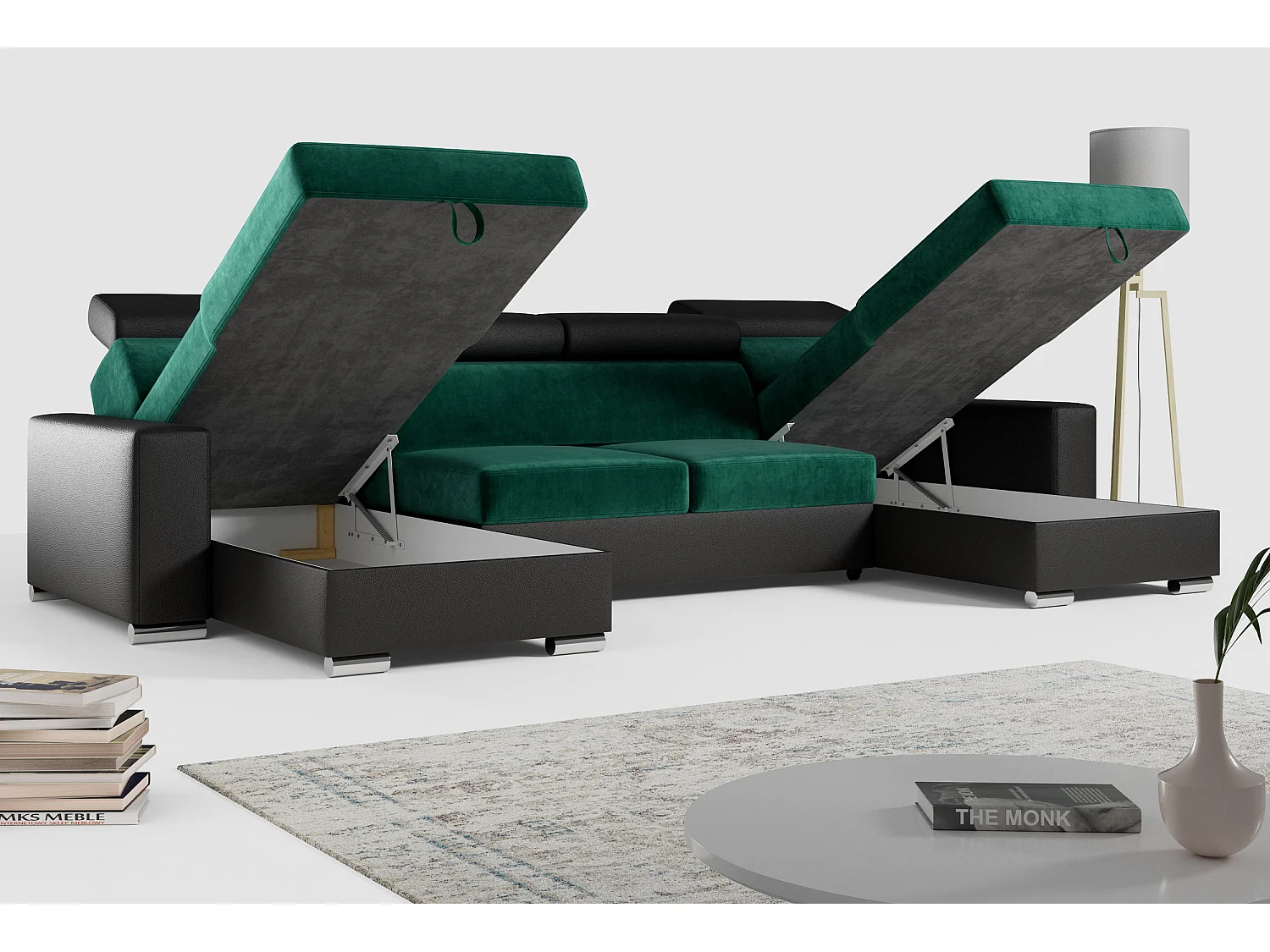 Ecksofa FOX U - verstellbare Kopfstützen, zwei Bettkästen, L-förmige Ecke mit Schlaffunktion, Armlehnen - Dunkelgrün, Schwarz - Velvet, Kunstleder