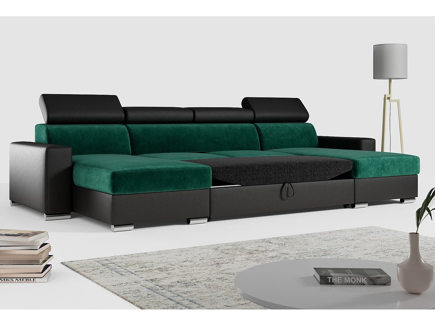 Ecksofa FOX U - verstellbare Kopfstützen, zwei Bettkästen, L-förmige Ecke mit Schlaffunktion, Armlehnen - Dunkelgrün, Schwarz - Velvet, Kunstleder