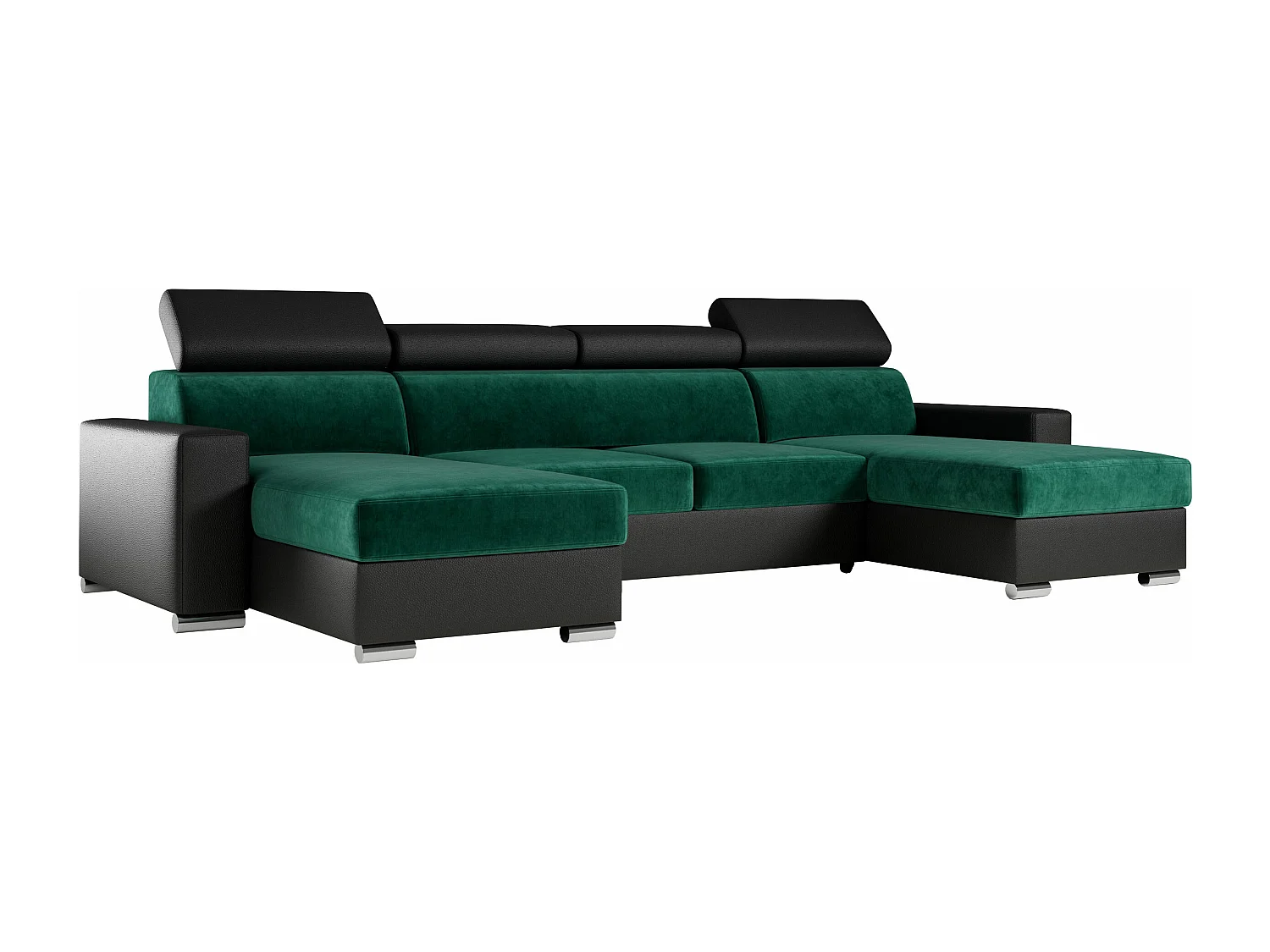 Ecksofa FOX U - verstellbare Kopfstützen, zwei Bettkästen, L-förmige Ecke mit Schlaffunktion, Armlehnen - Dunkelgrün, Schwarz - Velvet, Kunstleder