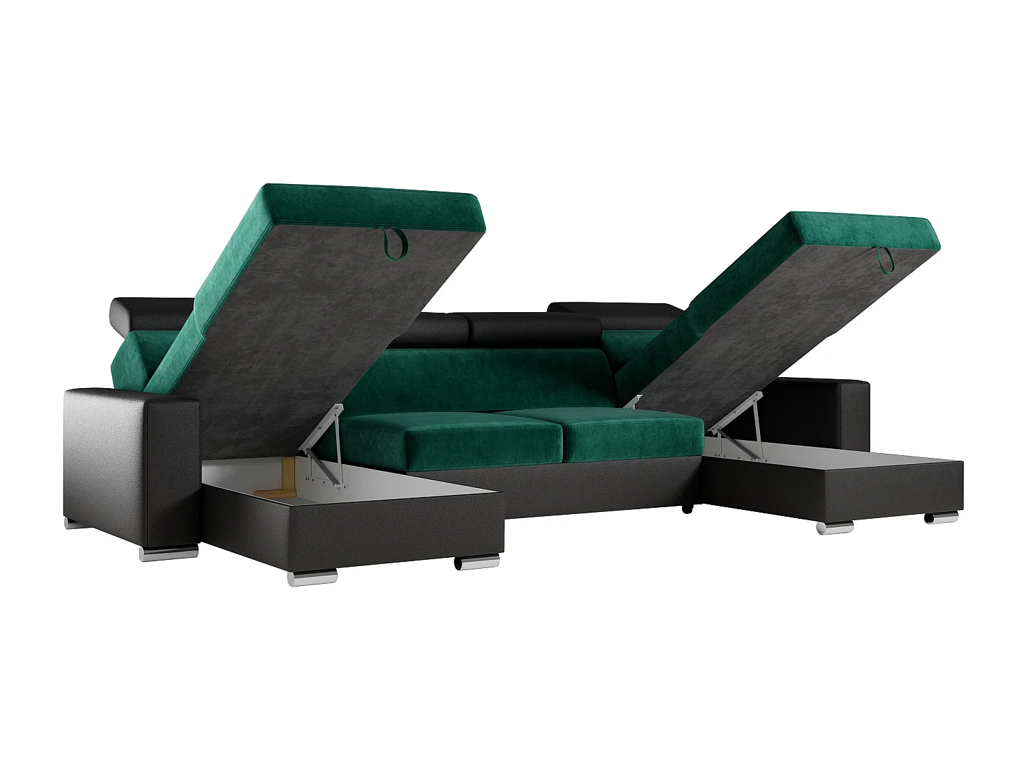 Ecksofa FOX U - verstellbare Kopfstützen, zwei Bettkästen, L-förmige Ecke mit Schlaffunktion, Armlehnen - Dunkelgrün, Schwarz - Velvet, Kunstleder