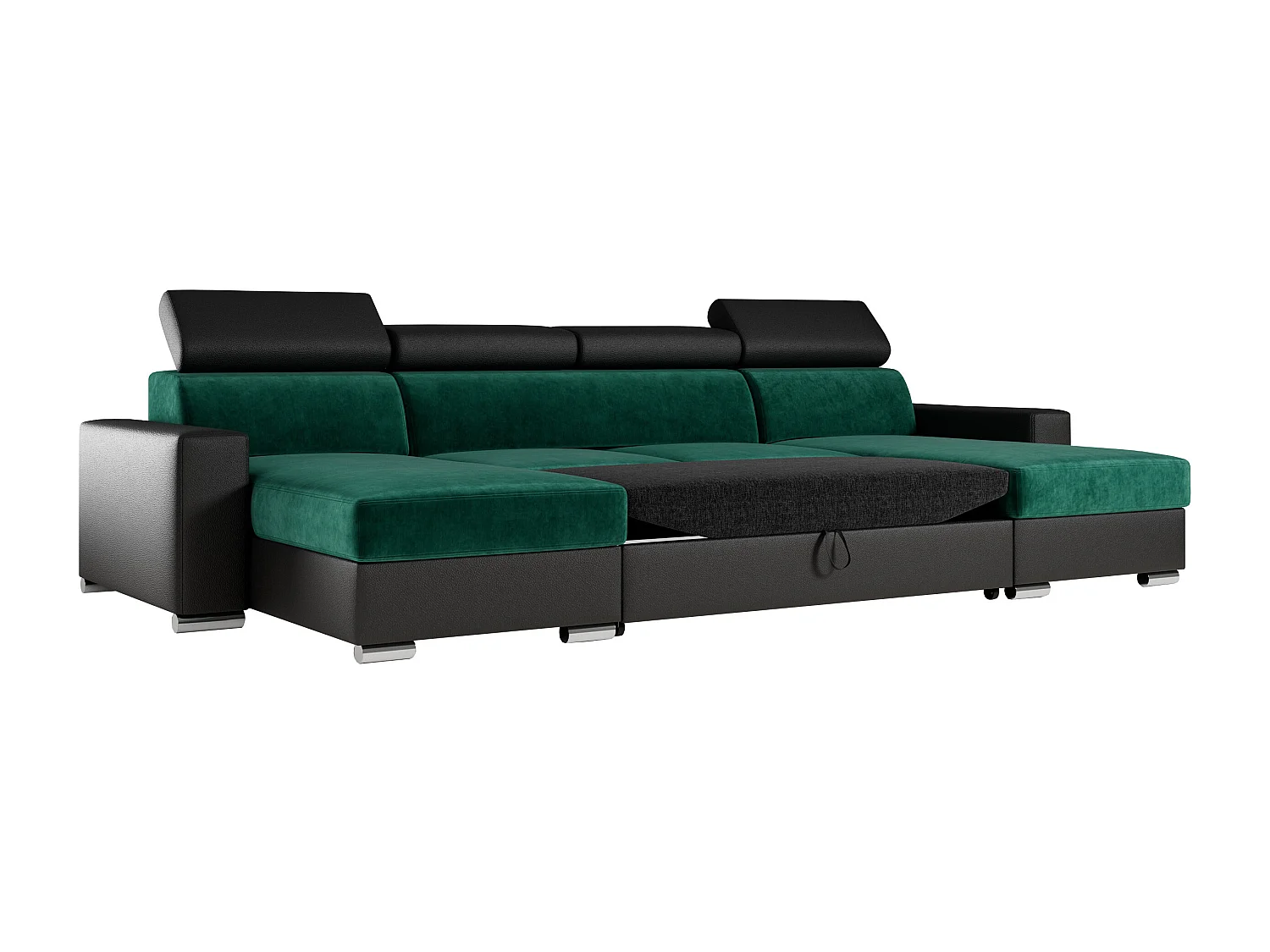 Ecksofa FOX U - verstellbare Kopfstützen, zwei Bettkästen, L-förmige Ecke mit Schlaffunktion, Armlehnen - Dunkelgrün, Schwarz - Velvet, Kunstleder