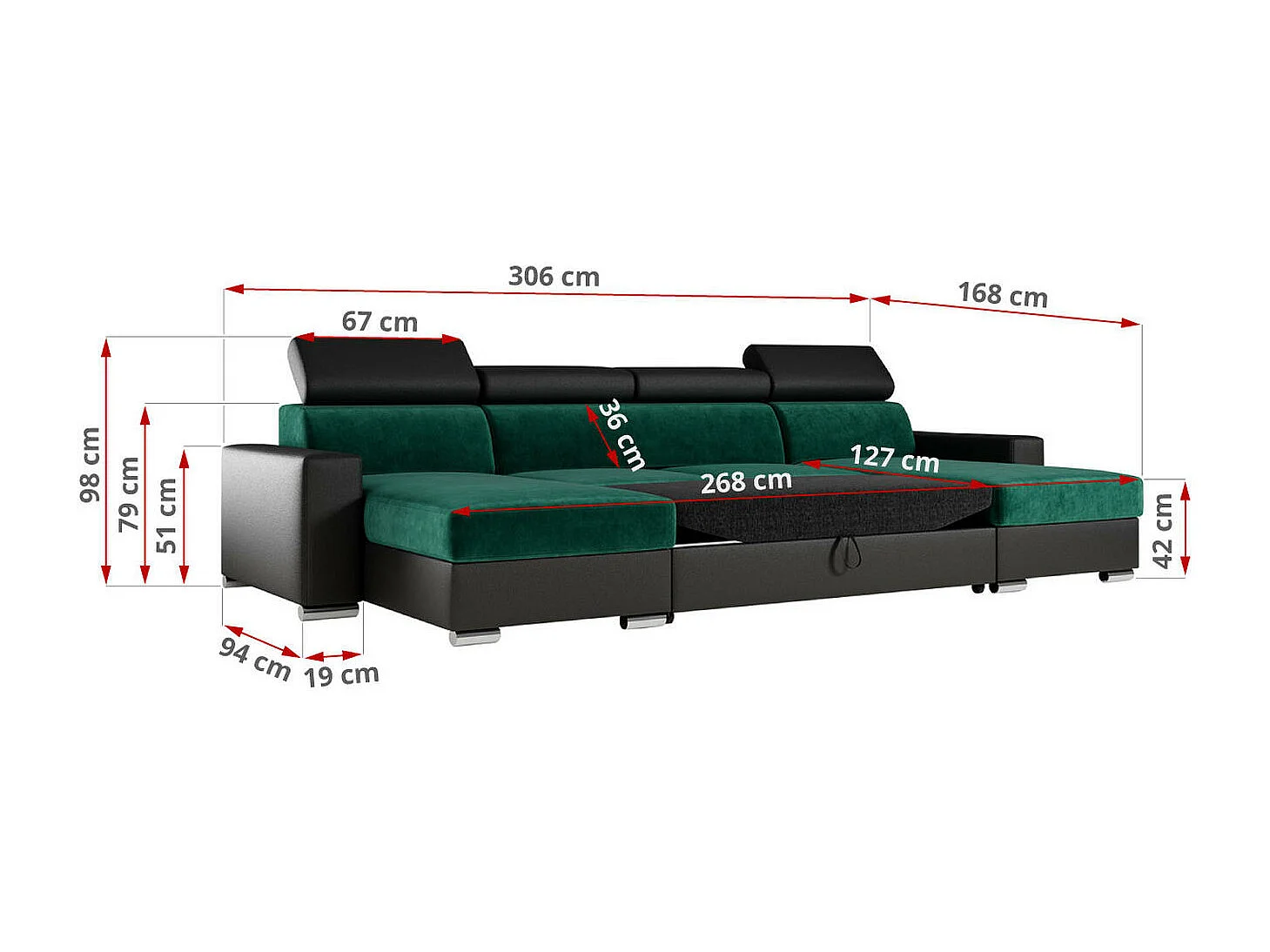 Ecksofa FOX U - verstellbare Kopfstützen, zwei Bettkästen, L-förmige Ecke mit Schlaffunktion, Armlehnen - Dunkelgrün, Schwarz - Velvet, Kunstleder