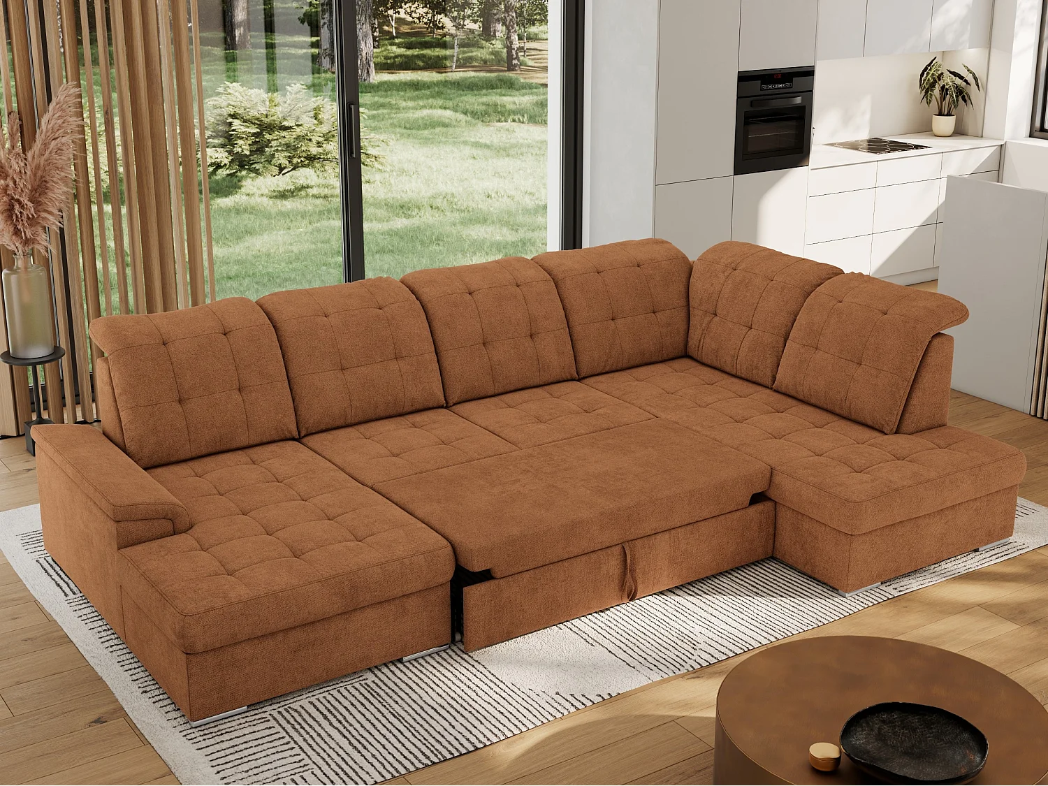 Ecksofa MADRITO U - mit verstellbarer Rückenlehne, Armlehne, L-förmige Ecke, Bettkasten - Orange Struktur - Ecke Rechts