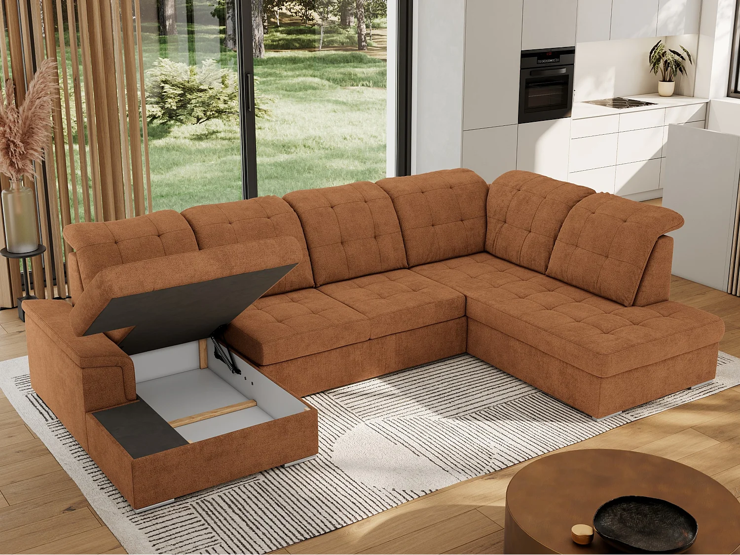 Ecksofa MADRITO U - mit verstellbarer Rückenlehne, Armlehne, L-förmige Ecke, Bettkasten - Orange Struktur - Ecke Rechts