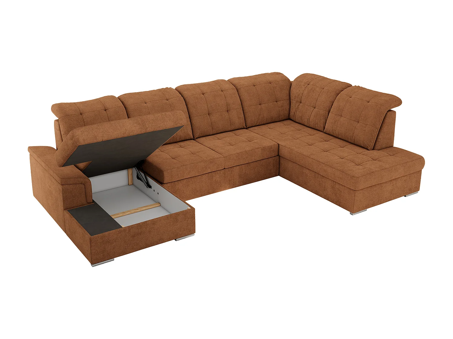 Ecksofa MADRITO U - mit verstellbarer Rückenlehne, Armlehne, L-förmige Ecke, Bettkasten - Orange Struktur - Ecke Rechts