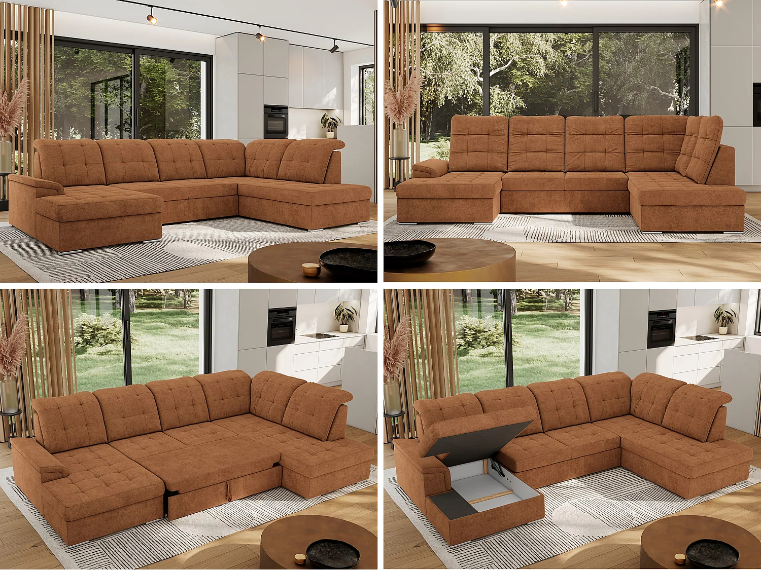 Ecksofa MADRITO U - mit verstellbarer Rückenlehne, Armlehne, L-förmige Ecke, Bettkasten - Orange Struktur - Ecke Rechts