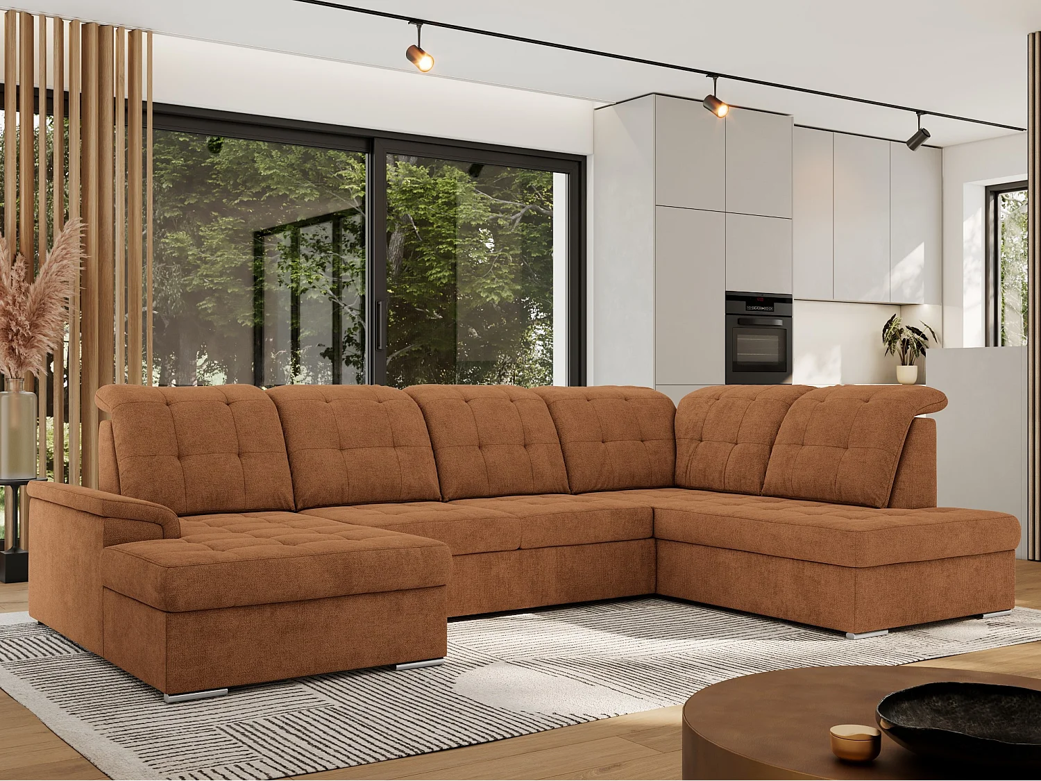 Ecksofa MADRITO U - mit verstellbarer Rückenlehne, Armlehne, L-förmige Ecke, Bettkasten - Orange Struktur - Ecke Rechts