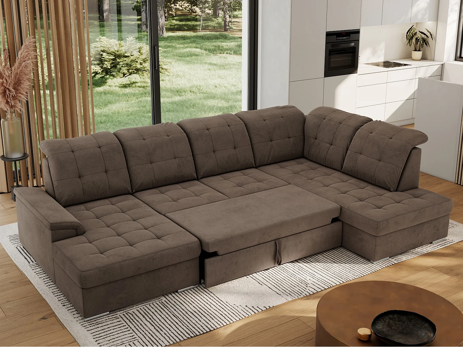 Ecksofa MADRITO U - mit verstellbarer Rückenlehne, Armlehne, L-förmige Ecke, Bettkasten - Braun Velvet - Ecke Rechts