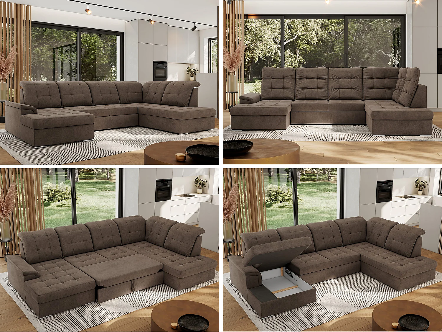 Ecksofa MADRITO U - mit verstellbarer Rückenlehne, Armlehne, L-förmige Ecke, Bettkasten - Braun Velvet - Ecke Rechts