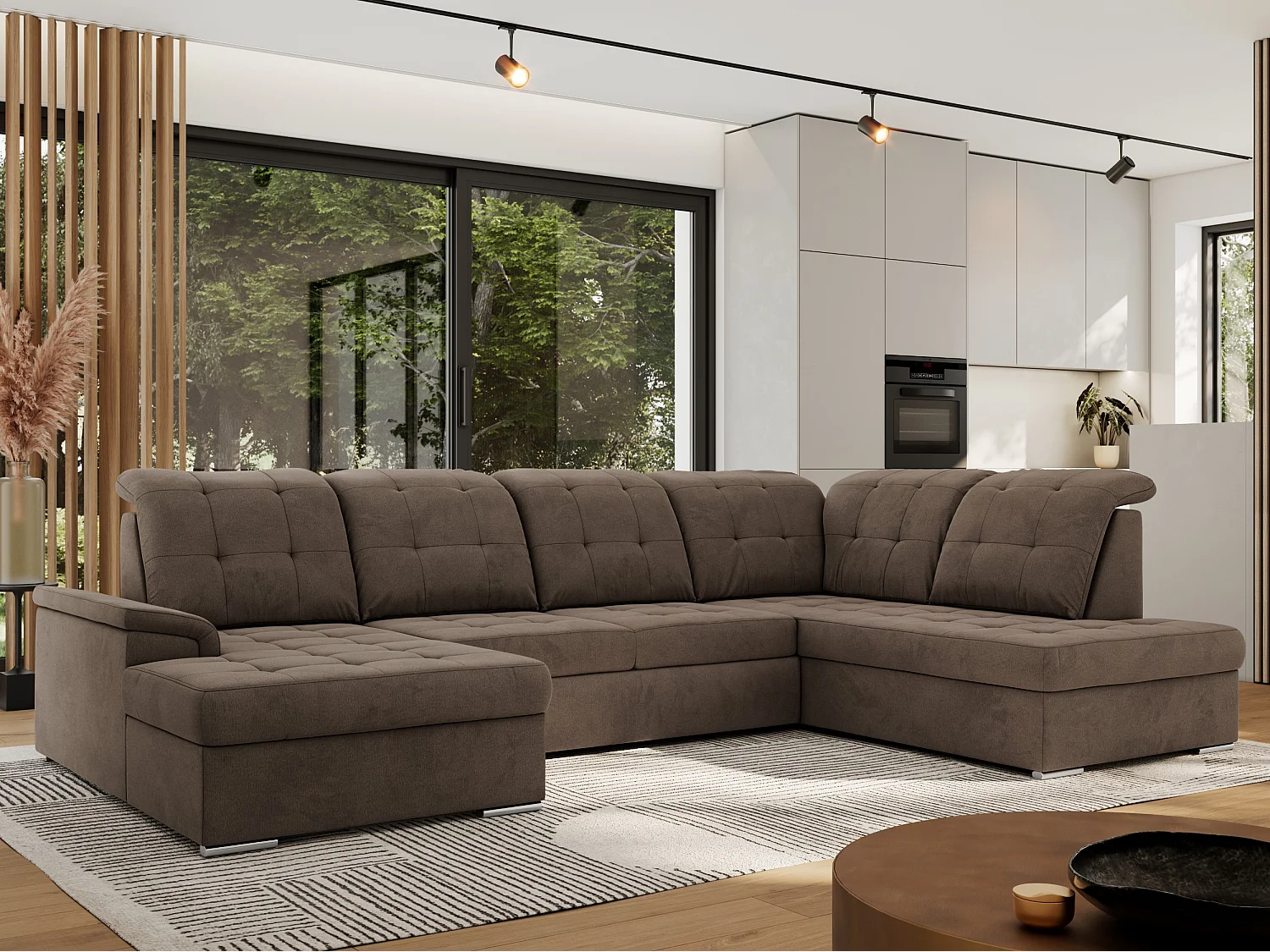 Ecksofa MADRITO U - mit verstellbarer Rückenlehne, Armlehne, L-förmige Ecke, Bettkasten - Braun Velvet - Ecke Rechts