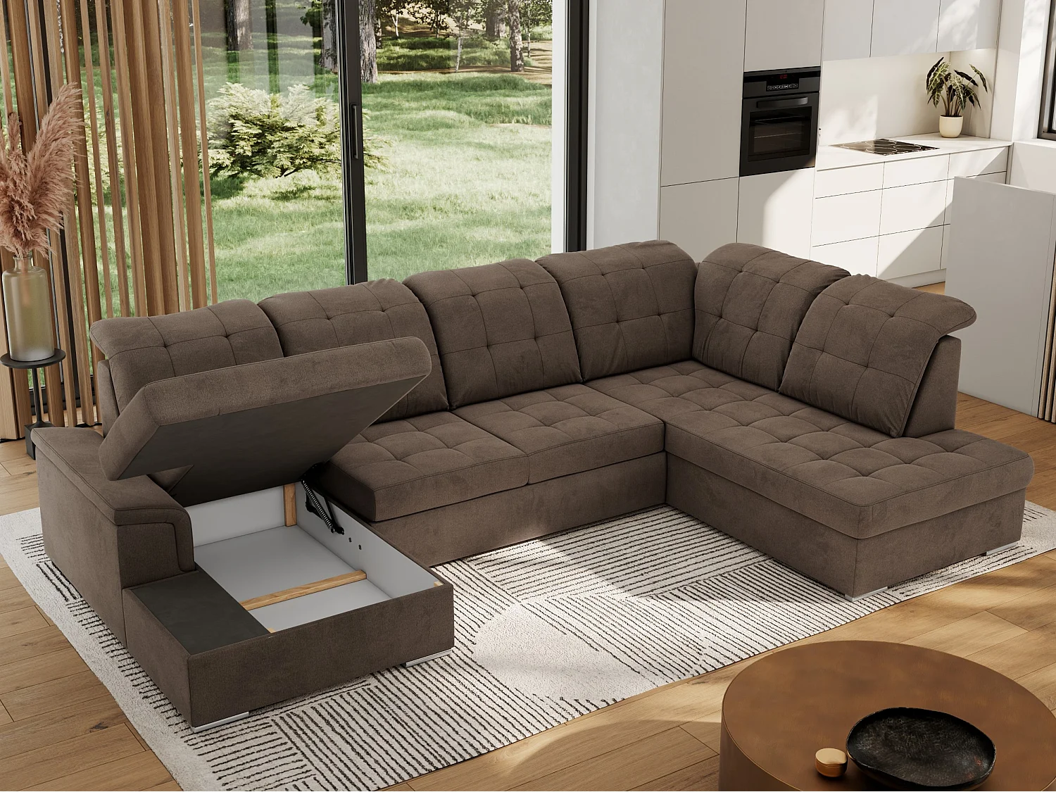 Ecksofa MADRITO U - mit verstellbarer Rückenlehne, Armlehne, L-förmige Ecke, Bettkasten - Braun Velvet - Ecke Rechts
