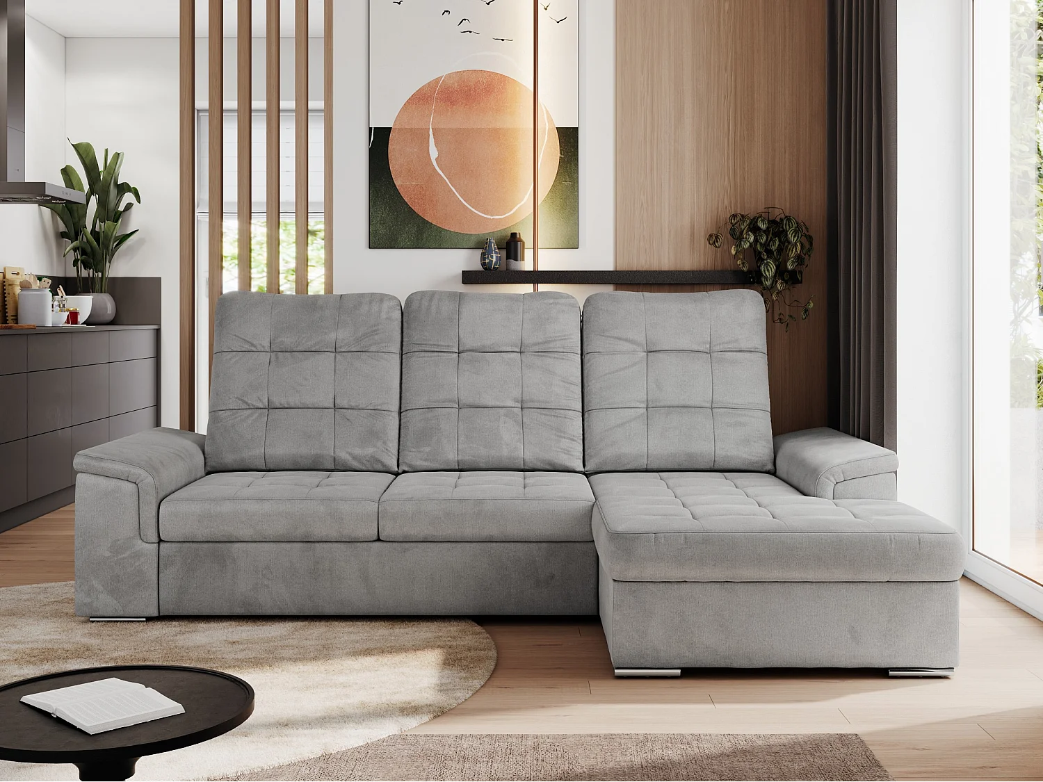 Ecksofa MADRITO - mit verstellbarer Rückenlehne, Armlehnen, gestepptem Sitz und Rückenlehne, Schlaffunktion - Hellgrau Velvet - Ecke Rechts