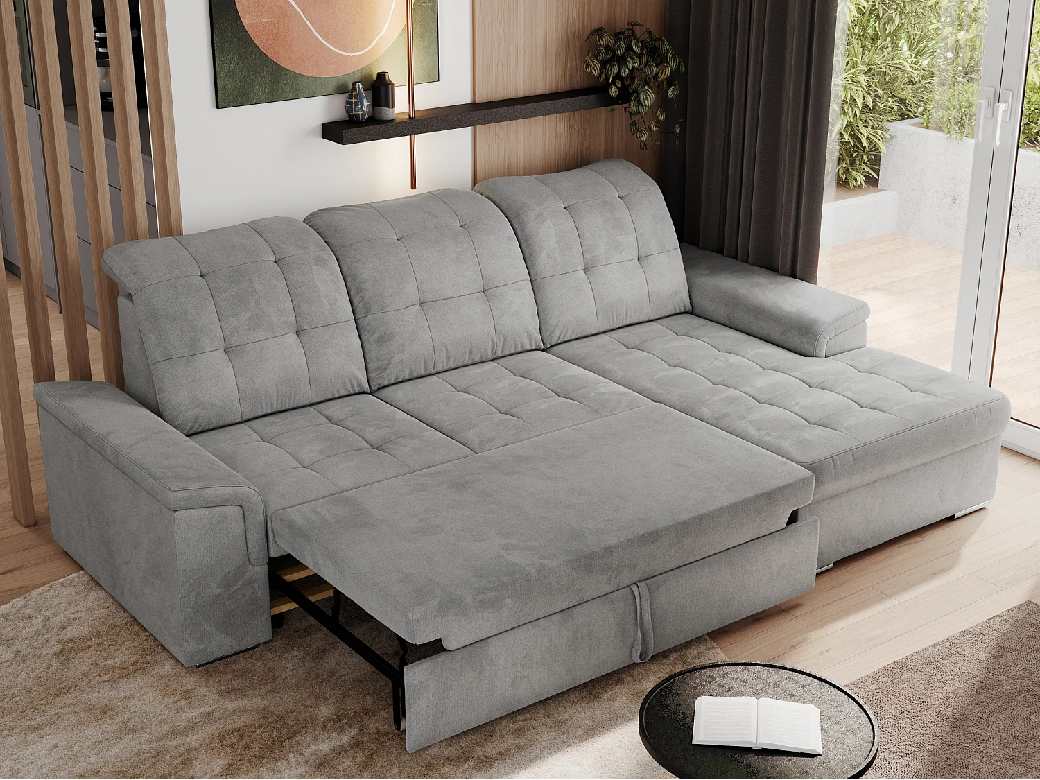 Ecksofa MADRITO - mit verstellbarer Rückenlehne, Armlehnen, gestepptem Sitz und Rückenlehne, Schlaffunktion - Hellgrau Velvet - Ecke Rechts