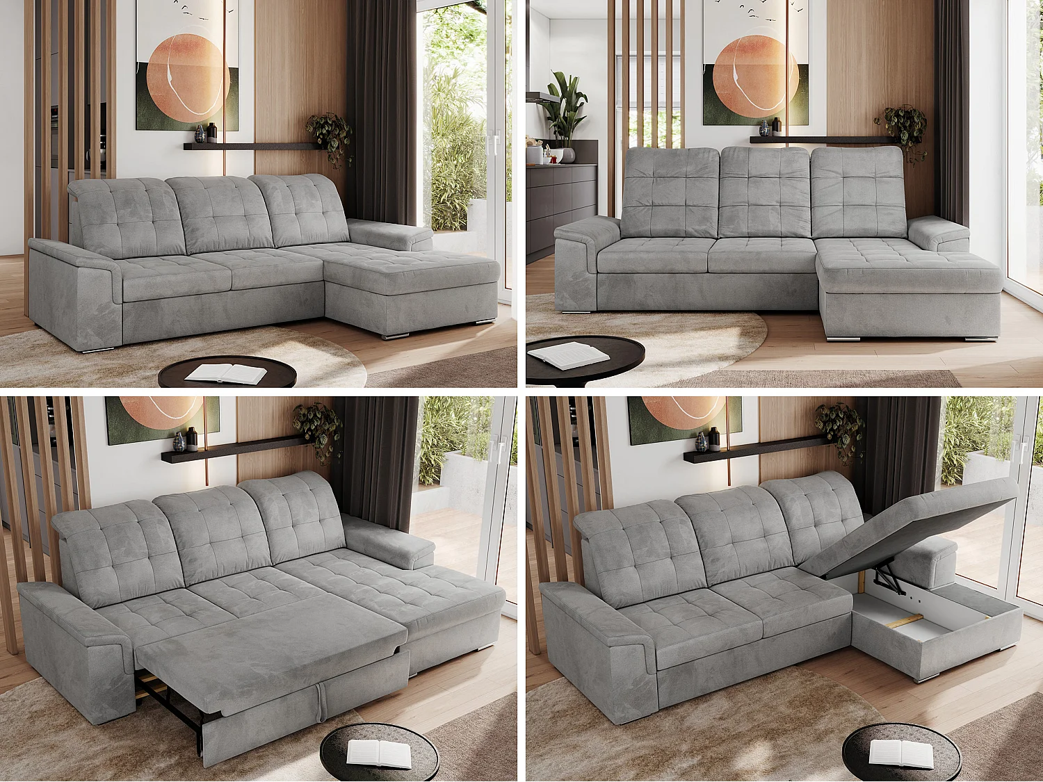 Ecksofa MADRITO - mit verstellbarer Rückenlehne, Armlehnen, gestepptem Sitz und Rückenlehne, Schlaffunktion - Hellgrau Velvet - Ecke Rechts