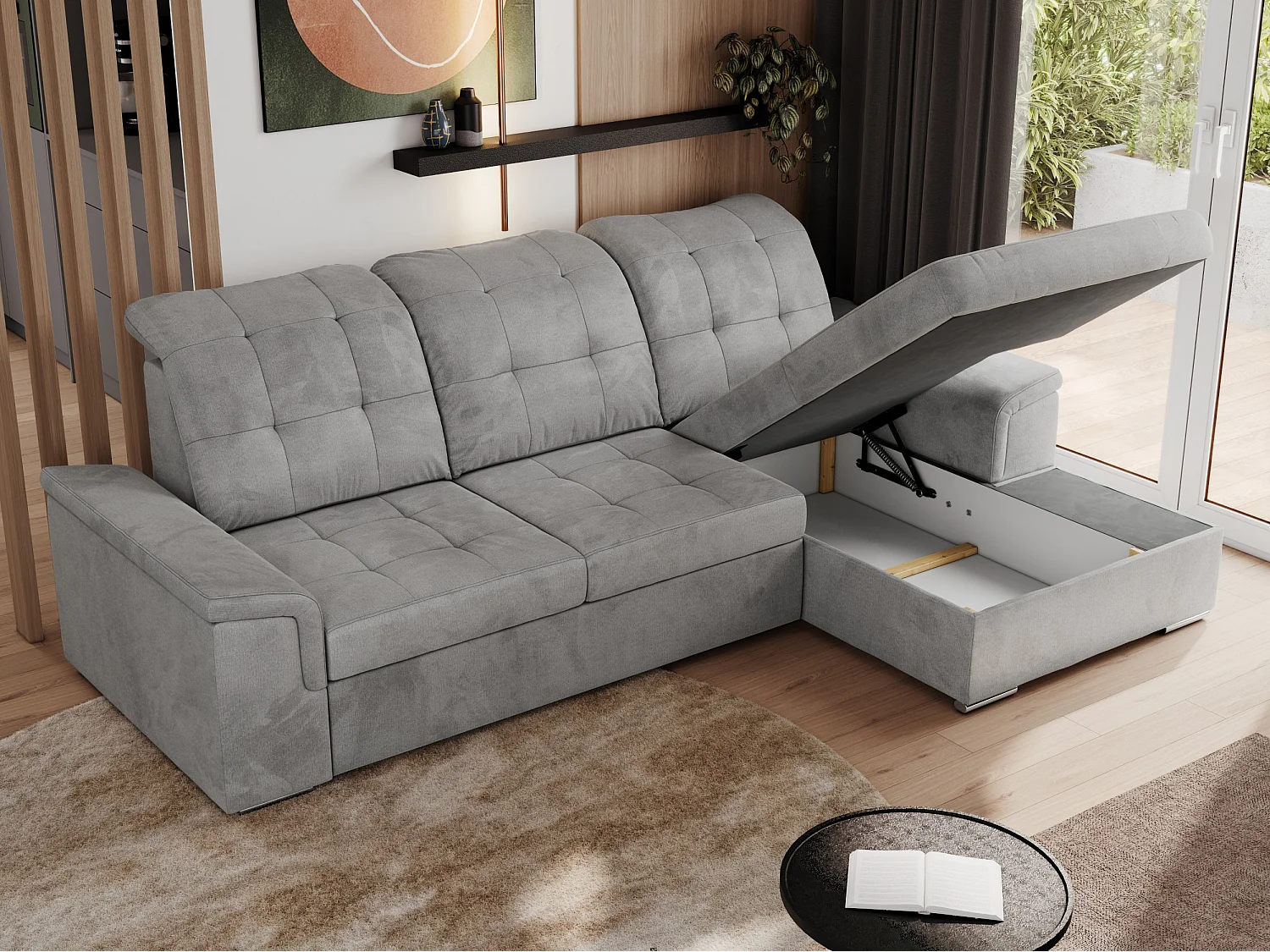 Ecksofa MADRITO - mit verstellbarer Rückenlehne, Armlehnen, gestepptem Sitz und Rückenlehne, Schlaffunktion - Hellgrau Velvet - Ecke Rechts