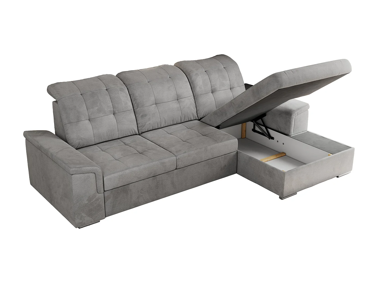 Ecksofa MADRITO - mit verstellbarer Rückenlehne, Armlehnen, gestepptem Sitz und Rückenlehne, Schlaffunktion - Hellgrau Velvet - Ecke Rechts