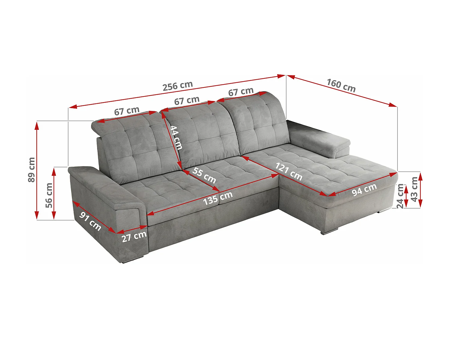 Ecksofa MADRITO - mit verstellbarer Rückenlehne, Armlehnen, gestepptem Sitz und Rückenlehne, Schlaffunktion - Hellgrau Velvet - Ecke Rechts