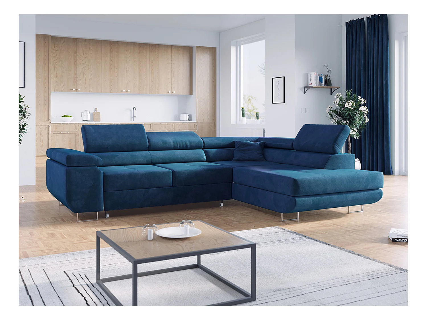 Ecksofa GUSTAW - mit Schlaffunktion, verstellbare Kopfstützen, Metallbeine - Dunkelblau Velvet - Ecke Rechts