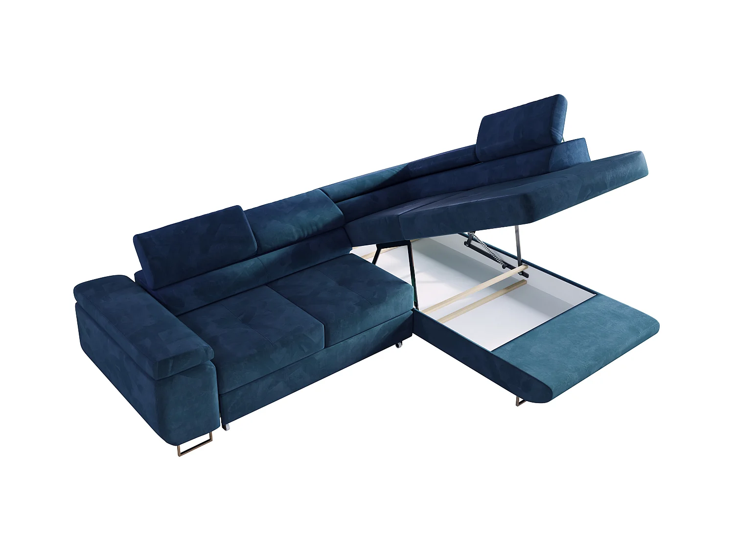 Ecksofa GUSTAW - mit Schlaffunktion, verstellbare Kopfstützen, Metallbeine - Dunkelblau Velvet - Ecke Rechts