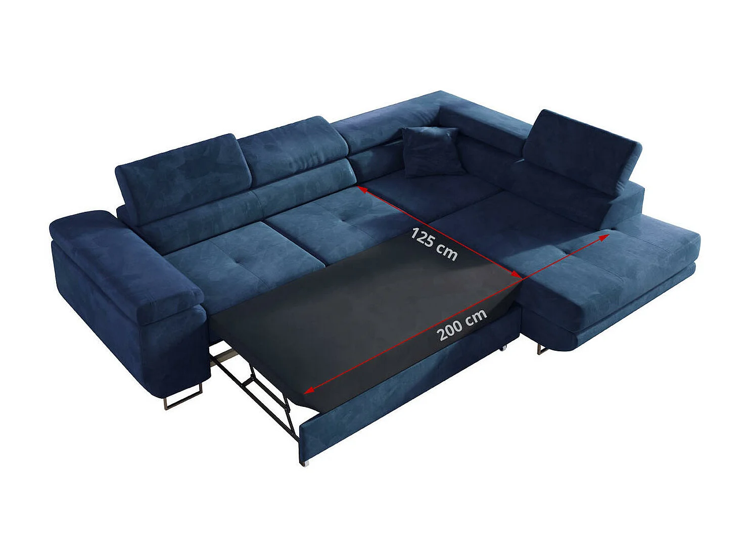 Ecksofa GUSTAW - mit Schlaffunktion, verstellbare Kopfstützen, Metallbeine - Dunkelblau Velvet - Ecke Rechts