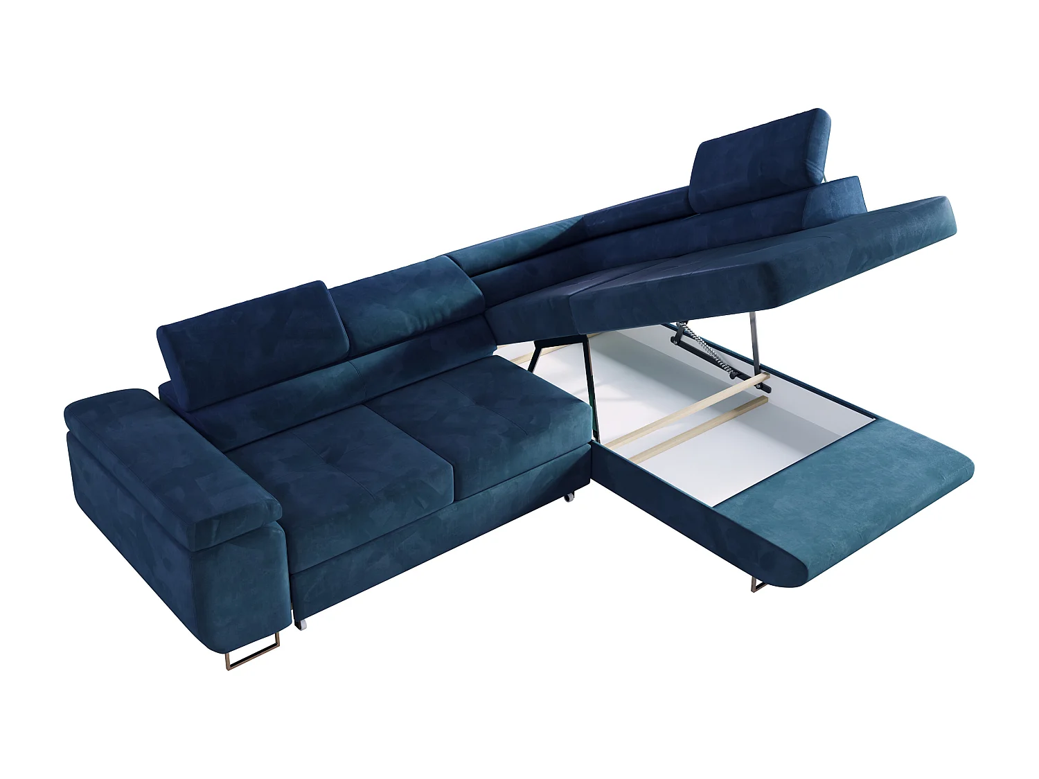 Ecksofa GUSTAW - mit Schlaffunktion, verstellbare Kopfstützen, Metallbeine - Dunkelblau Velvet - Ecke Rechts