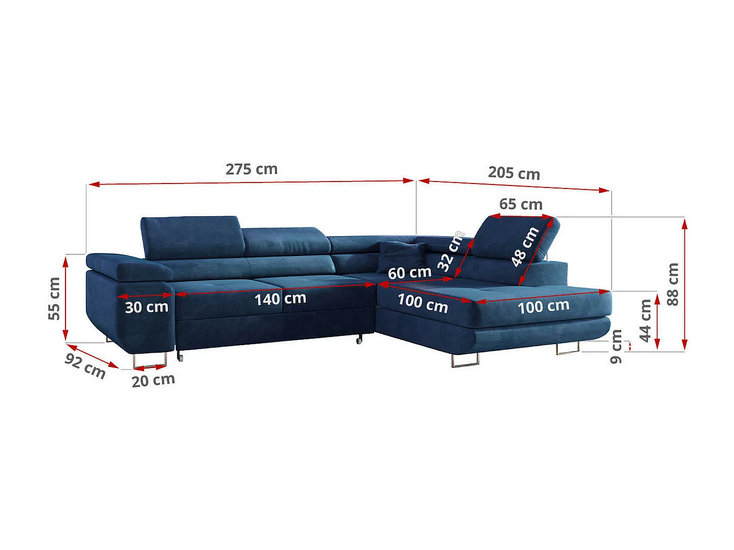Ecksofa GUSTAW - mit Schlaffunktion, verstellbare Kopfstützen, Metallbeine - Dunkelblau Velvet - Ecke Rechts