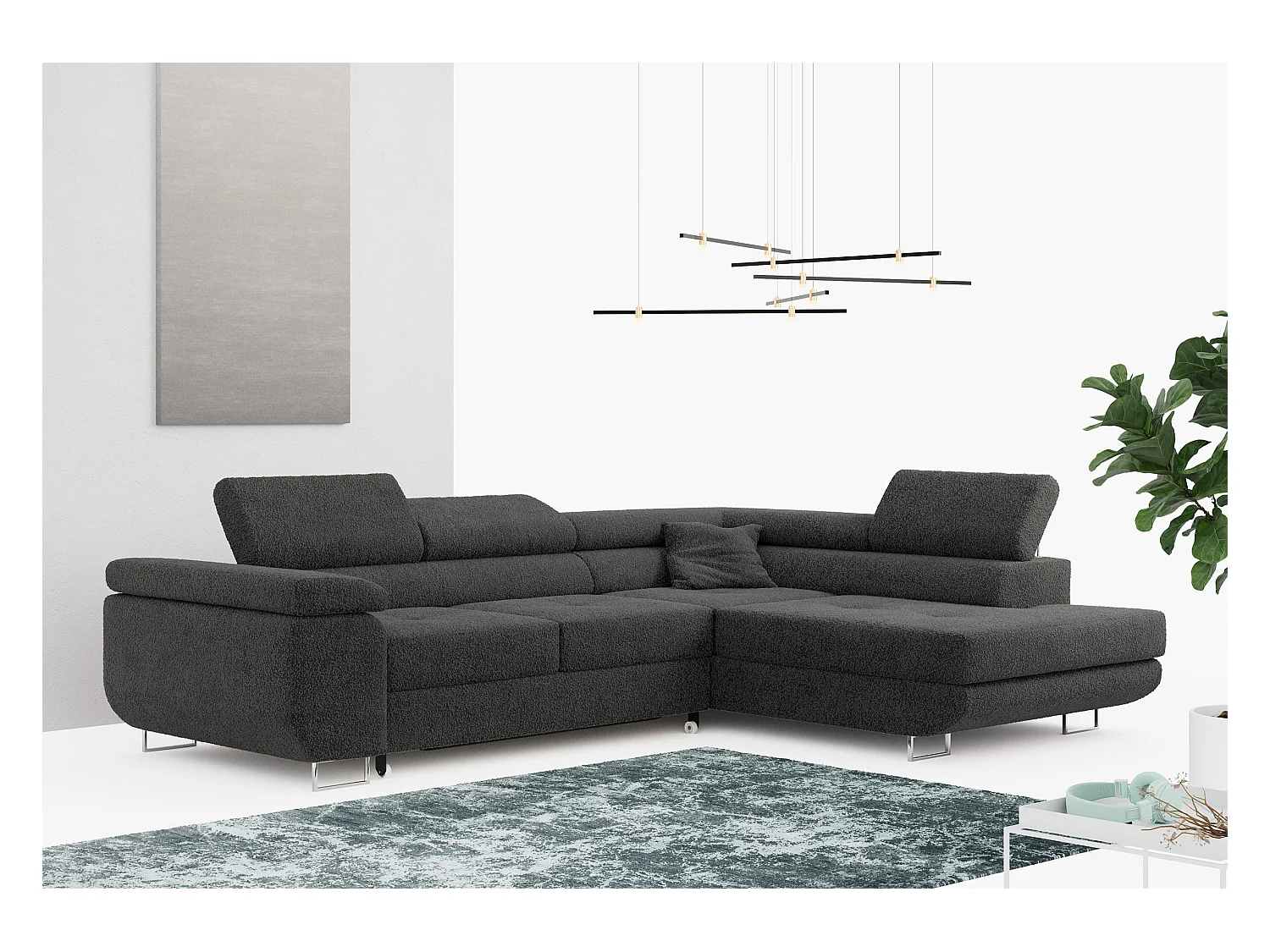 Ecksofa GUSTAW - mit Schlaffunktion, verstellbare Kopfstützen, Metallbeine - Dunkelgrau Boucle - Ecke Rechts