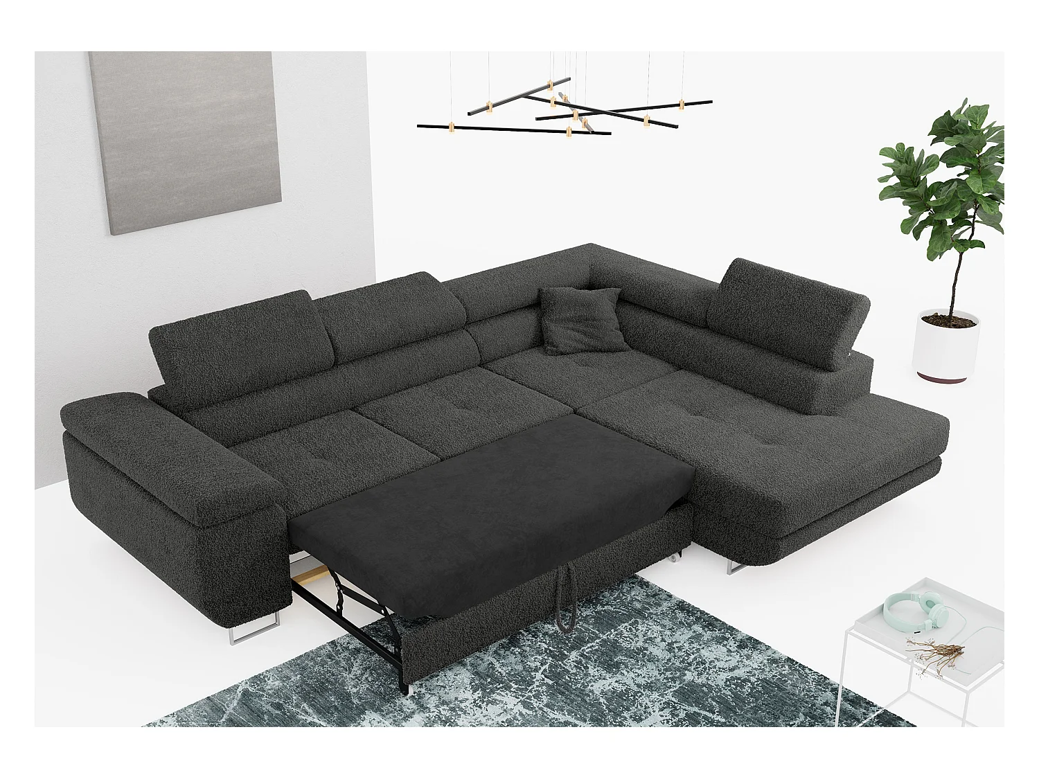 Ecksofa GUSTAW - mit Schlaffunktion, verstellbare Kopfstützen, Metallbeine - Dunkelgrau Boucle - Ecke Rechts