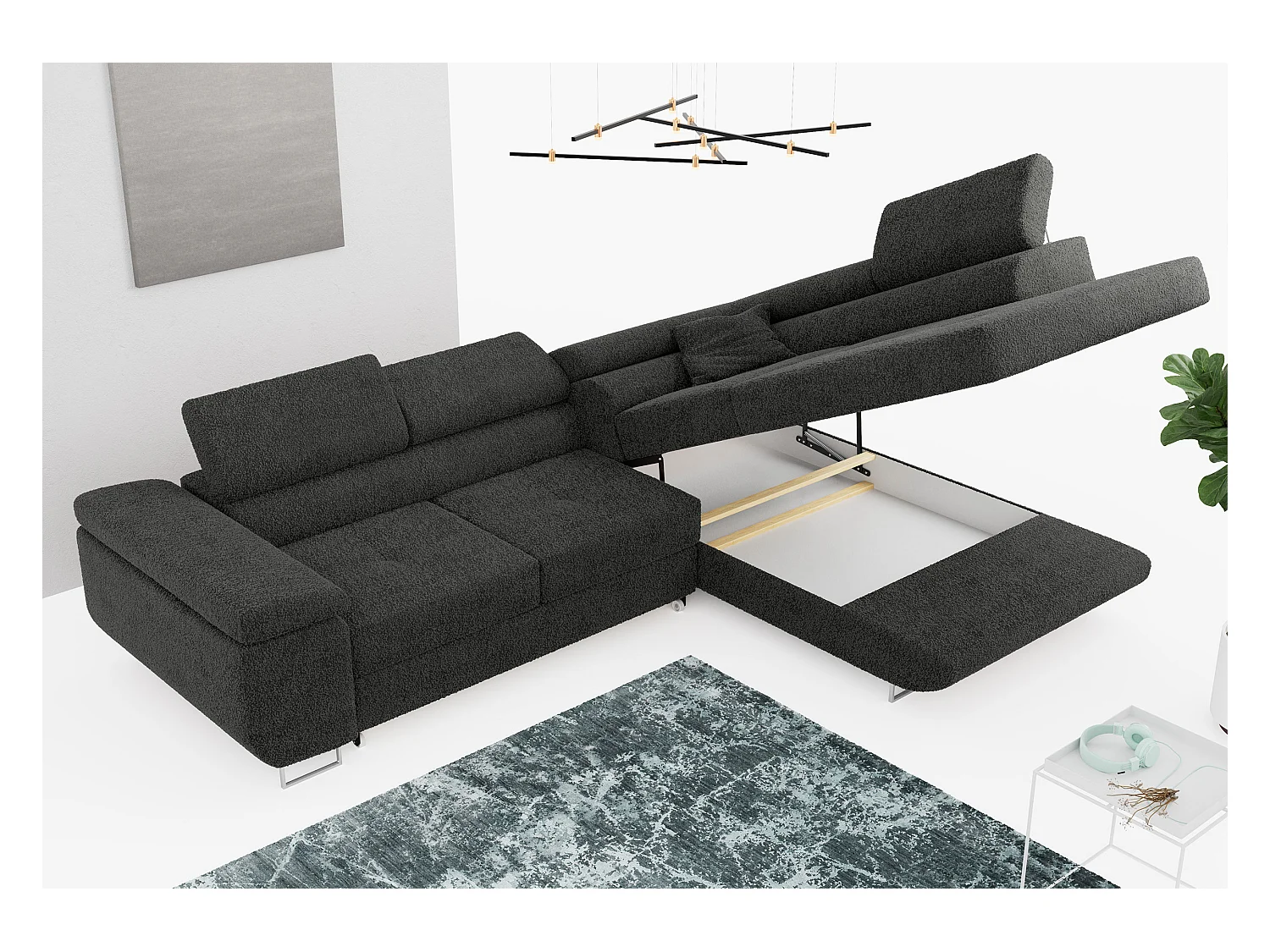 Ecksofa GUSTAW - mit Schlaffunktion, verstellbare Kopfstützen, Metallbeine - Dunkelgrau Boucle - Ecke Rechts