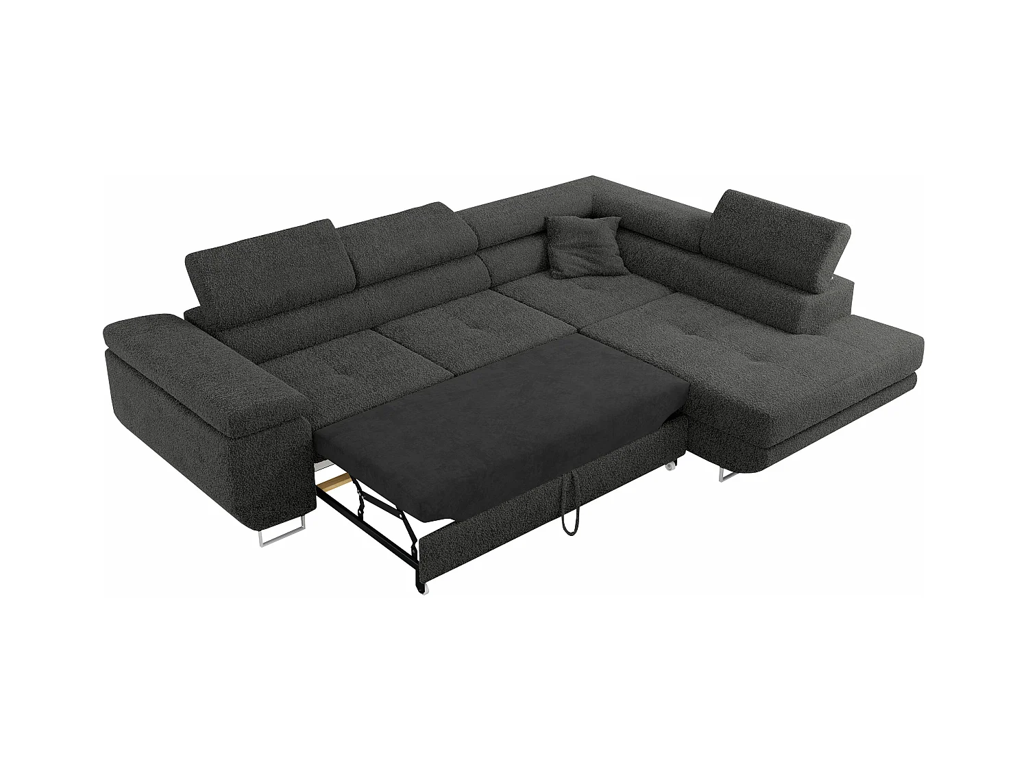 Ecksofa GUSTAW - mit Schlaffunktion, verstellbare Kopfstützen, Metallbeine - Dunkelgrau Boucle - Ecke Rechts