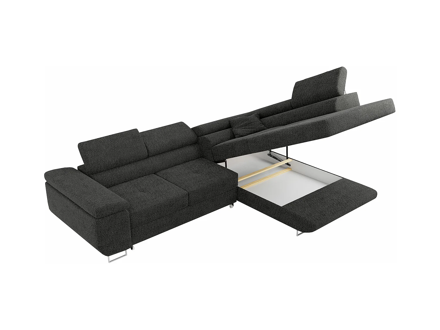 Ecksofa GUSTAW - mit Schlaffunktion, verstellbare Kopfstützen, Metallbeine - Dunkelgrau Boucle - Ecke Rechts