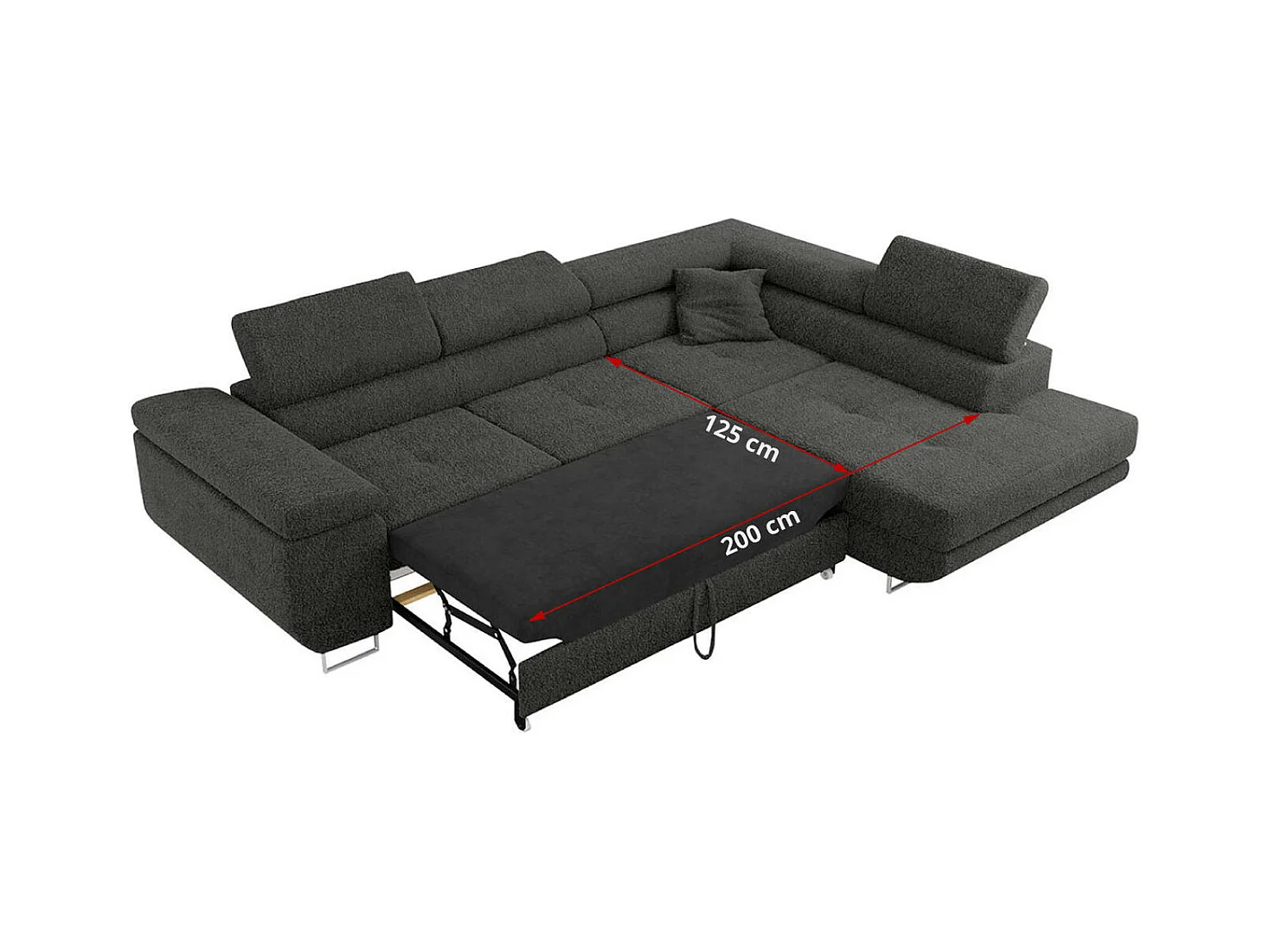 Ecksofa GUSTAW - mit Schlaffunktion, verstellbare Kopfstützen, Metallbeine - Dunkelgrau Boucle - Ecke Rechts