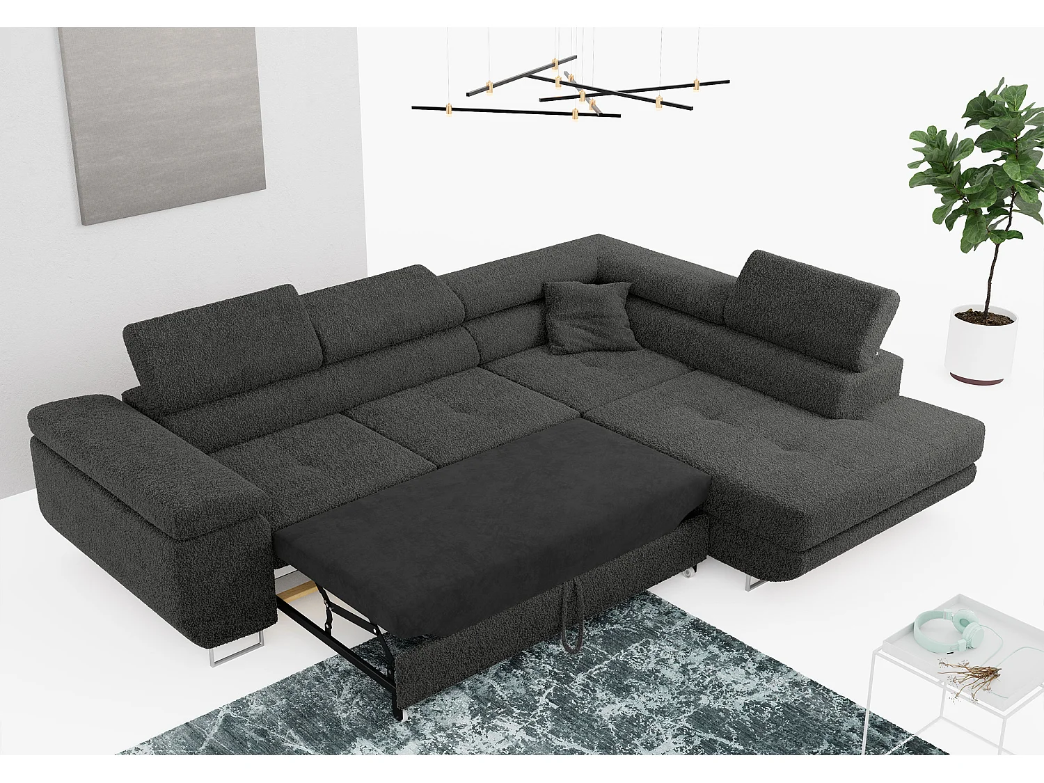 Ecksofa GUSTAW - mit Schlaffunktion, verstellbare Kopfstützen, Metallbeine - Dunkelgrau Boucle - Ecke Rechts