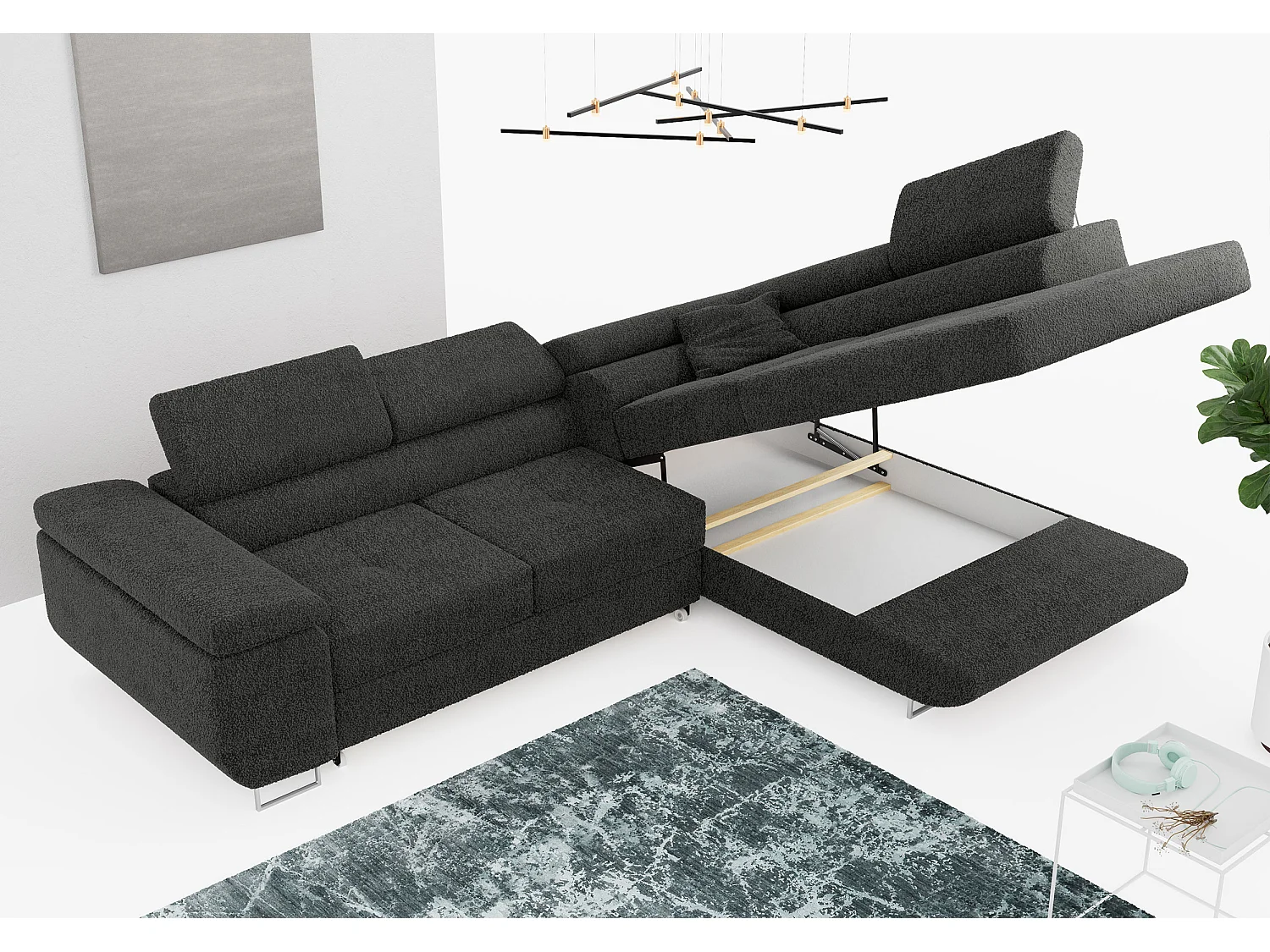 Ecksofa GUSTAW - mit Schlaffunktion, verstellbare Kopfstützen, Metallbeine - Dunkelgrau Boucle - Ecke Rechts