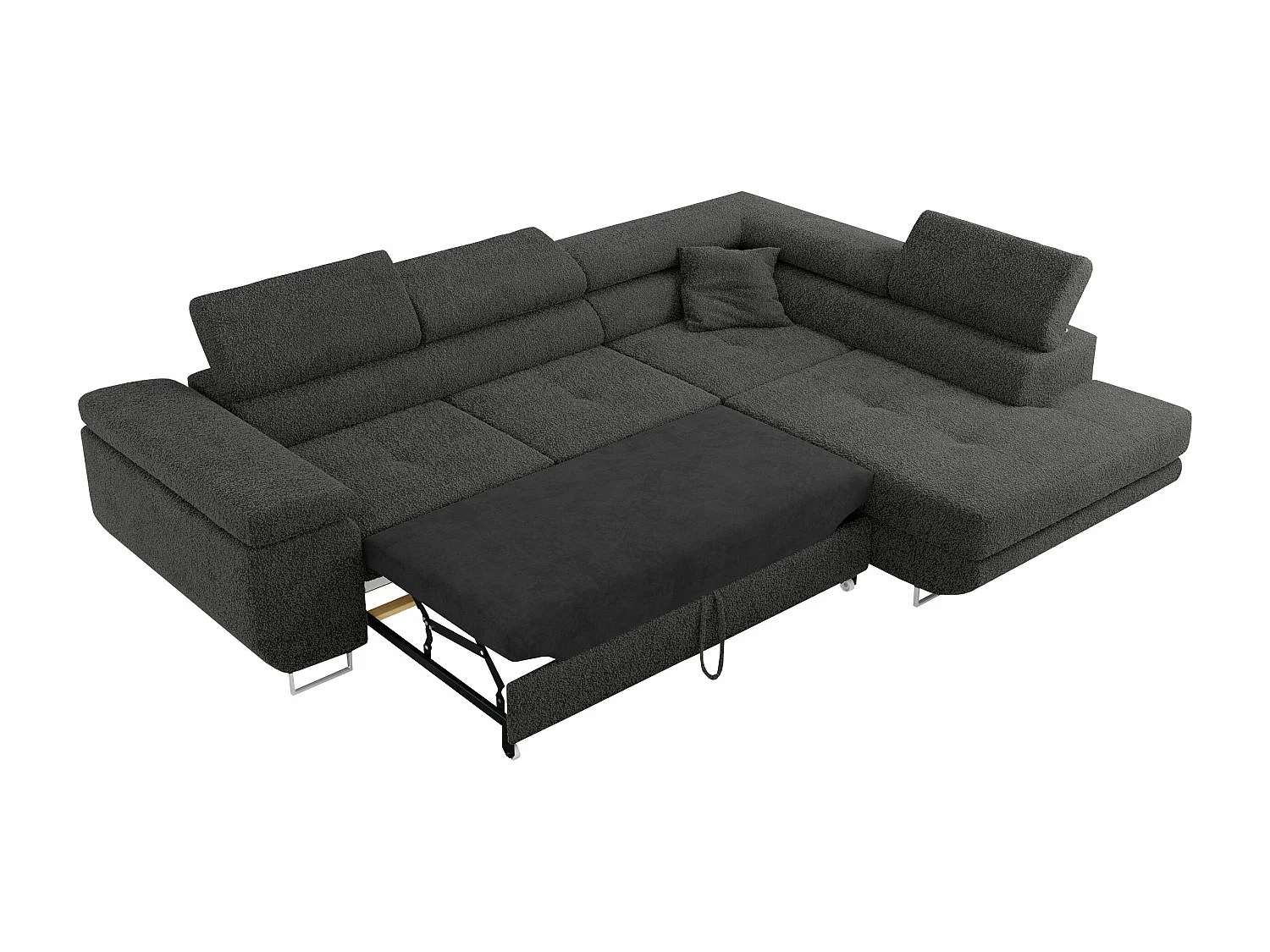 Ecksofa GUSTAW - mit Schlaffunktion, verstellbare Kopfstützen, Metallbeine - Dunkelgrau Boucle - Ecke Rechts