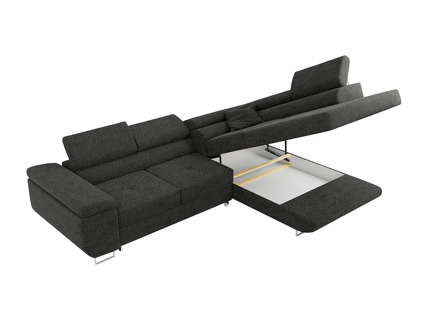 Ecksofa GUSTAW - mit Schlaffunktion, verstellbare Kopfstützen, Metallbeine - Dunkelgrau Boucle - Ecke Rechts