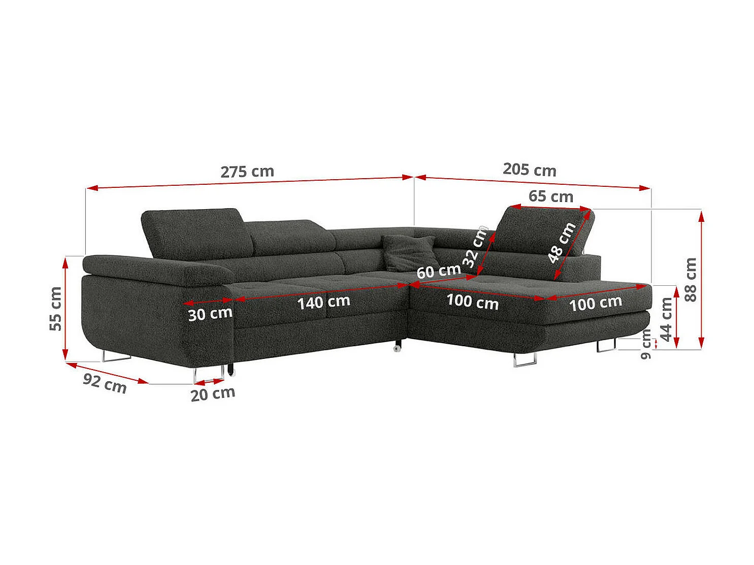 Ecksofa GUSTAW - mit Schlaffunktion, verstellbare Kopfstützen, Metallbeine - Dunkelgrau Boucle - Ecke Rechts