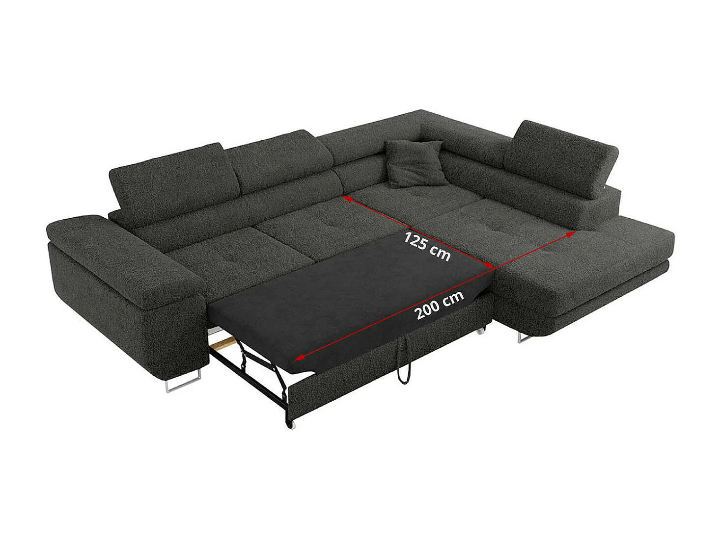 Ecksofa GUSTAW - mit Schlaffunktion, verstellbare Kopfstützen, Metallbeine - Dunkelgrau Boucle - Ecke Rechts