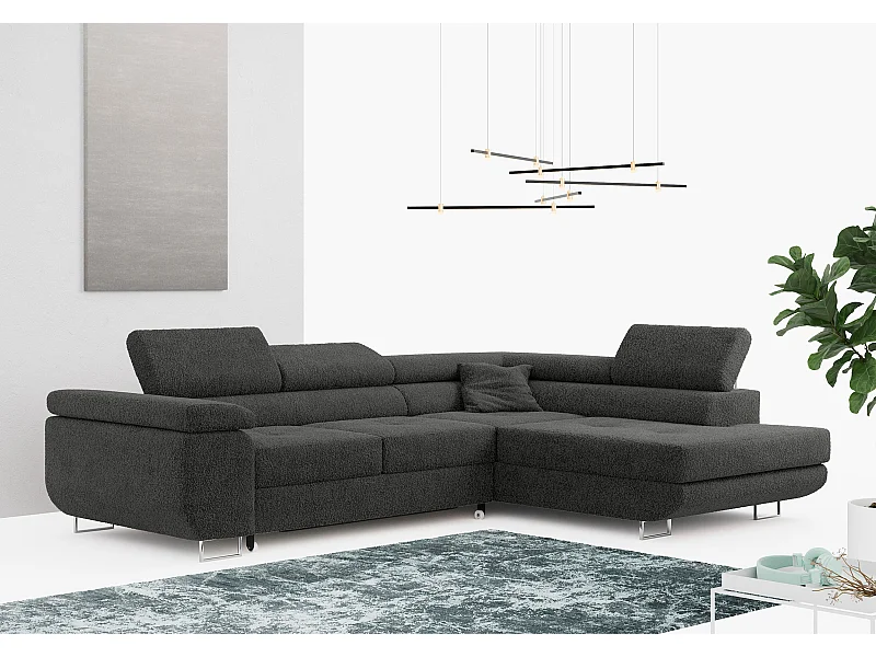 Ecksofa GUSTAW - mit Schlaffunktion, verstellbare Kopfstützen, Metallbeine - Dunkelgrau Boucle - Ecke Rechts