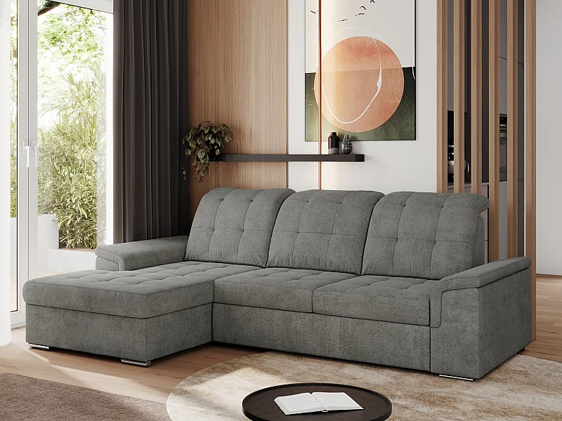 Ecksofa MADRITO - mit verstellbarer Rückenlehne, Armlehnen, gestepptem Sitz und Rückenlehne, Schlaffunktion - Grau Struktur - Ecke Links