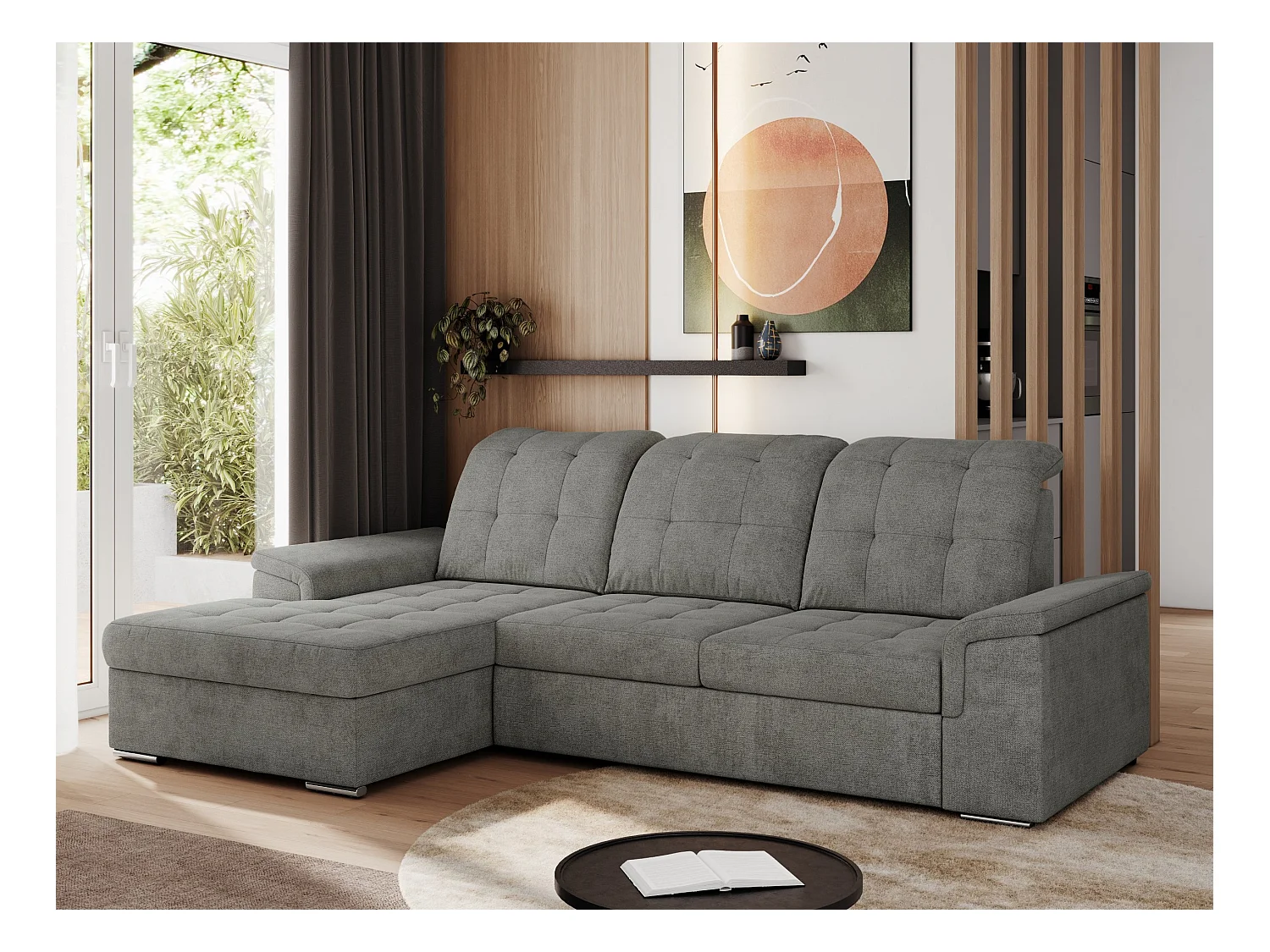 Ecksofa MADRITO - mit verstellbarer Rückenlehne, Armlehnen, gestepptem Sitz und Rückenlehne, Schlaffunktion - Grau Struktur - Ecke Links